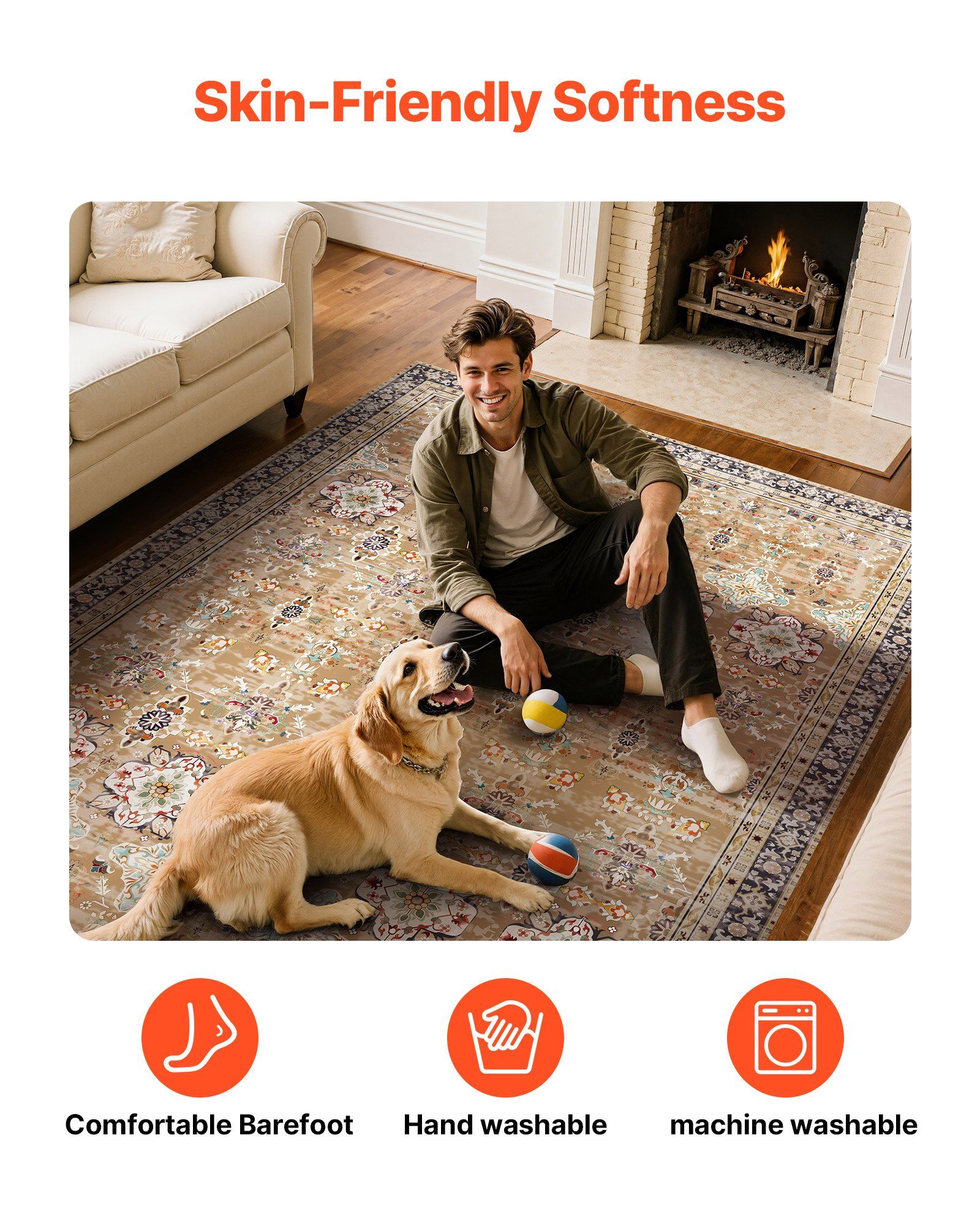 Area Rug, 2438.4 x 3048 mm Large Washable Rug, Non-Slip & Tear-Resistant Soft Carpet, Pet & Child Friendly Vintage Area Rugs, Indoor Mat for Bedroom, Living Room, Kids Room, Office, Brown Green - Image 7