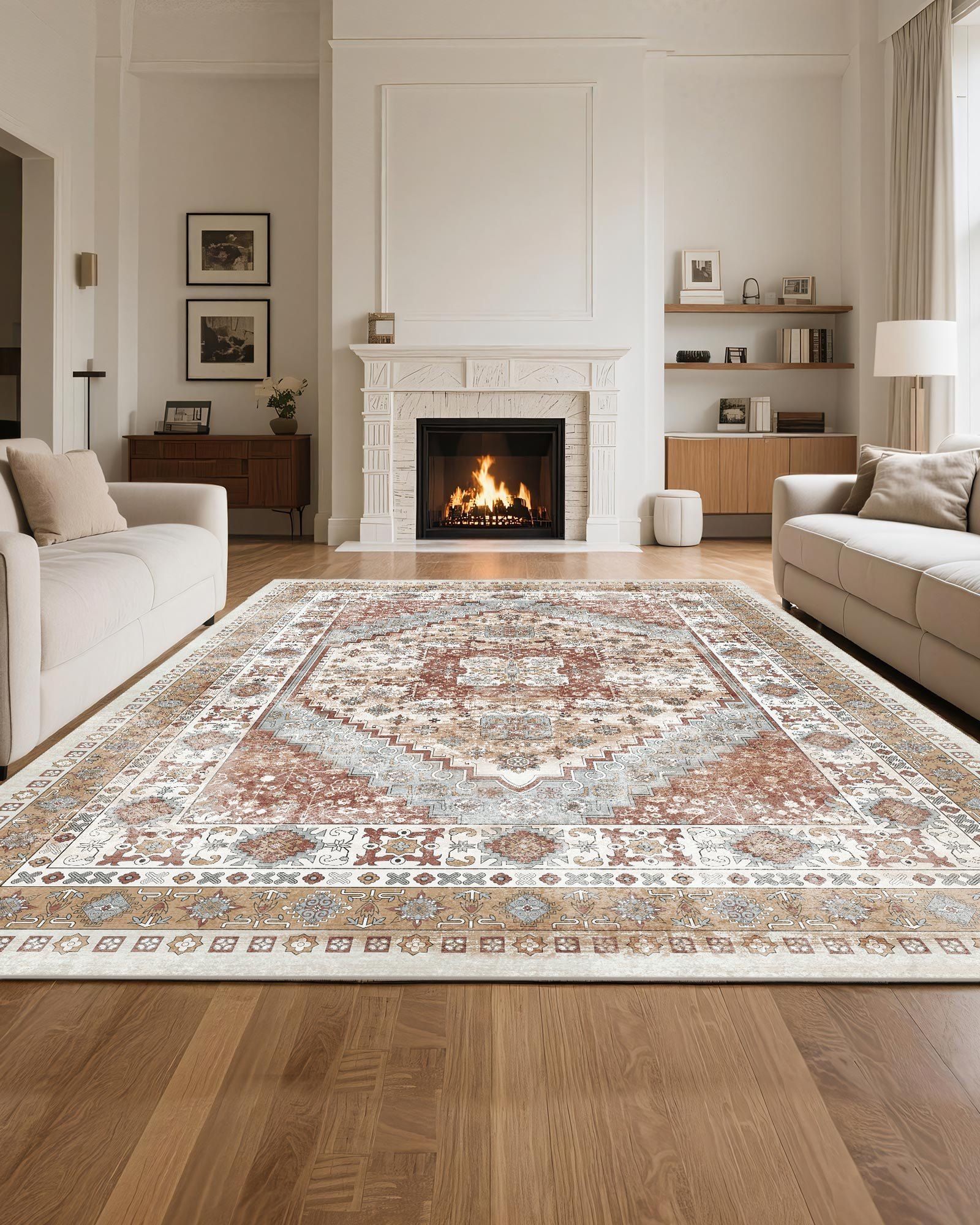 Area Rug, 2438.4 x 3048 mm Large Washable Rug, Non-Slip and Tear-Resistant Soft Carpet, Pet & Child Friendly Vintage Area Rugs, Indoor Mat for Bedroom, Living Room, Kids Room, Office, Brown Red - Image 2