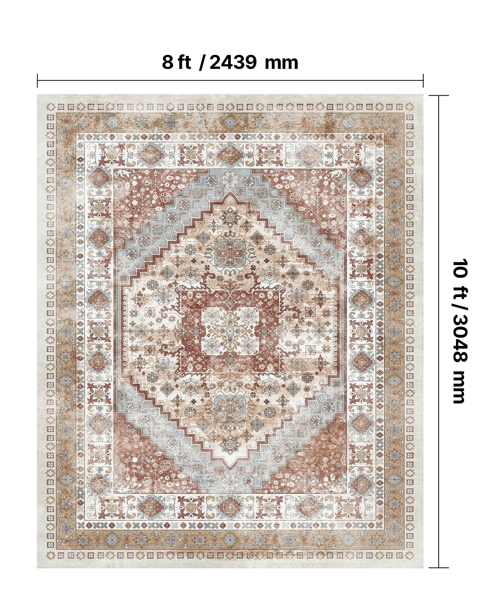 Area Rug, 2438.4 x 3048 mm Large Washable Rug, Non-Slip and Tear-Resistant Soft Carpet, Pet & Child Friendly Vintage Area Rugs, Indoor Mat for Bedroom, Living Room, Kids Room, Office, Brown Red - Image 3