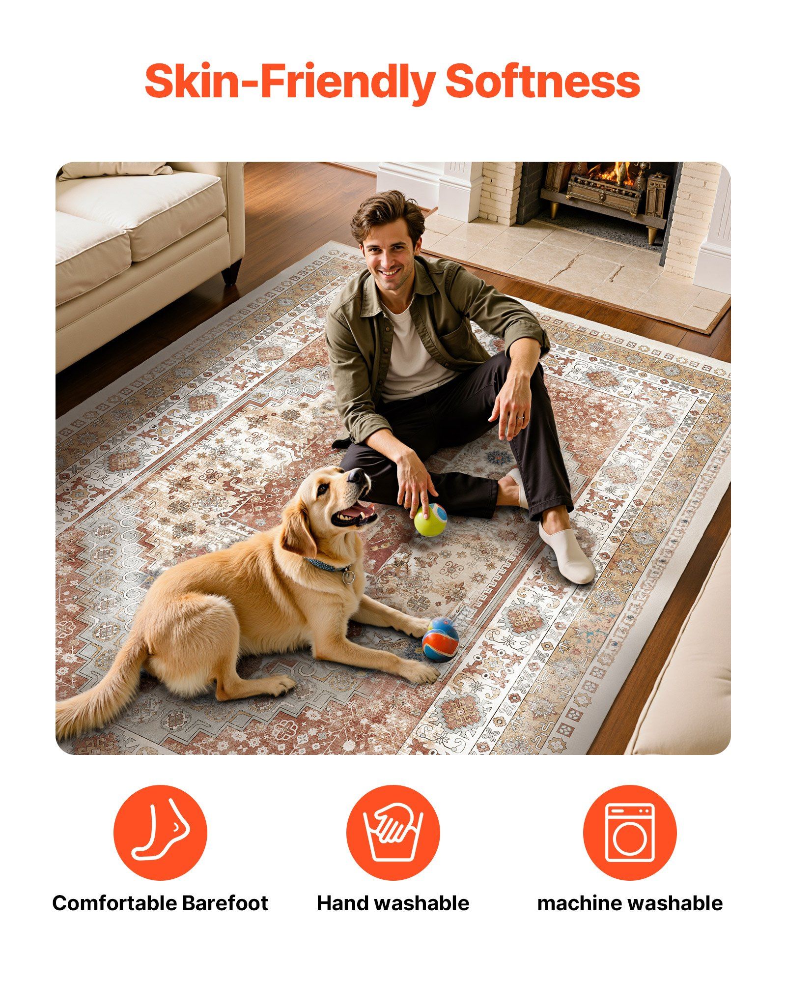 Area Rug, 2438.4 x 3048 mm Large Washable Rug, Non-Slip and Tear-Resistant Soft Carpet, Pet & Child Friendly Vintage Area Rugs, Indoor Mat for Bedroom, Living Room, Kids Room, Office, Brown Red - Image 7