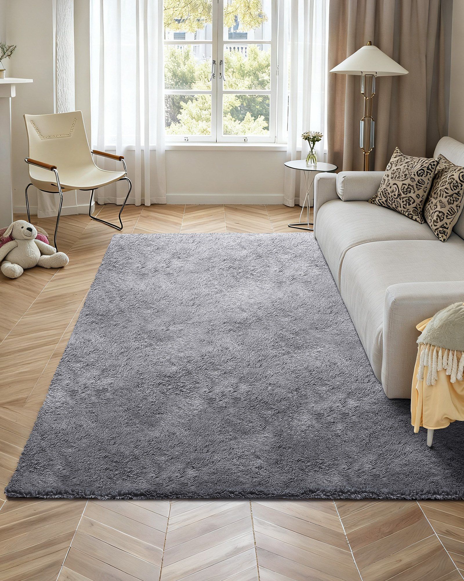 Indoor Plush Area Rugs, 2.44 x 3.05m Soft Plush Carpet, Furry Shag Area Rugs for Living Room, Bedroom, Sunroom, Modern Home Decor Aesthetic, Non-Shedding, Non-Woven, Slip-Resistant, Smoke Gray - Image 4