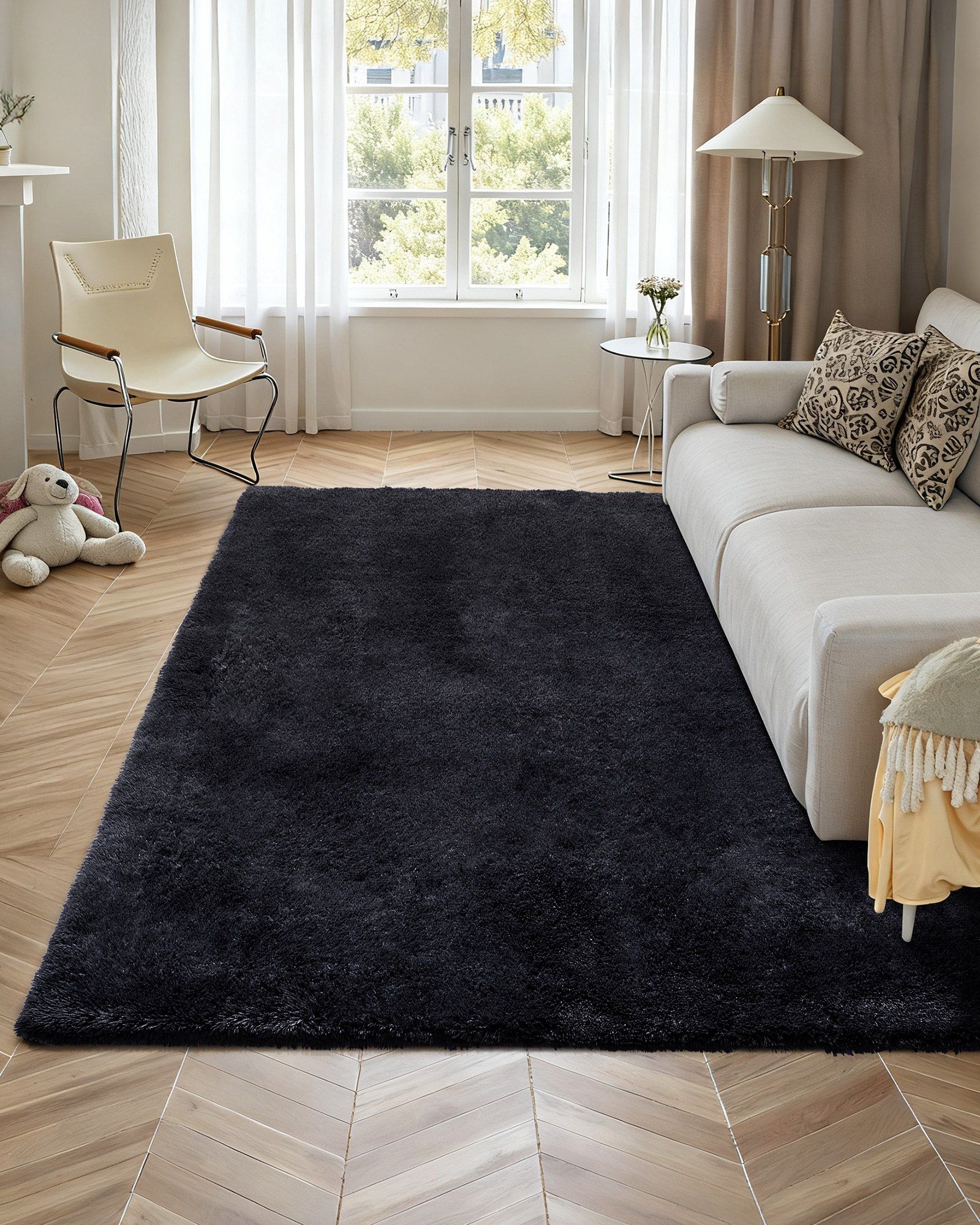 Indoor Plush Area Rugs, 2.44 x 3.05m Soft Plush Carpet, Furry Shag Area Rugs for Living Room, Bedroom, Sunroom, Modern Home Decor Aesthetic, Non-Shedding, Non-Woven, Slip-Resistant, Black - Image 4