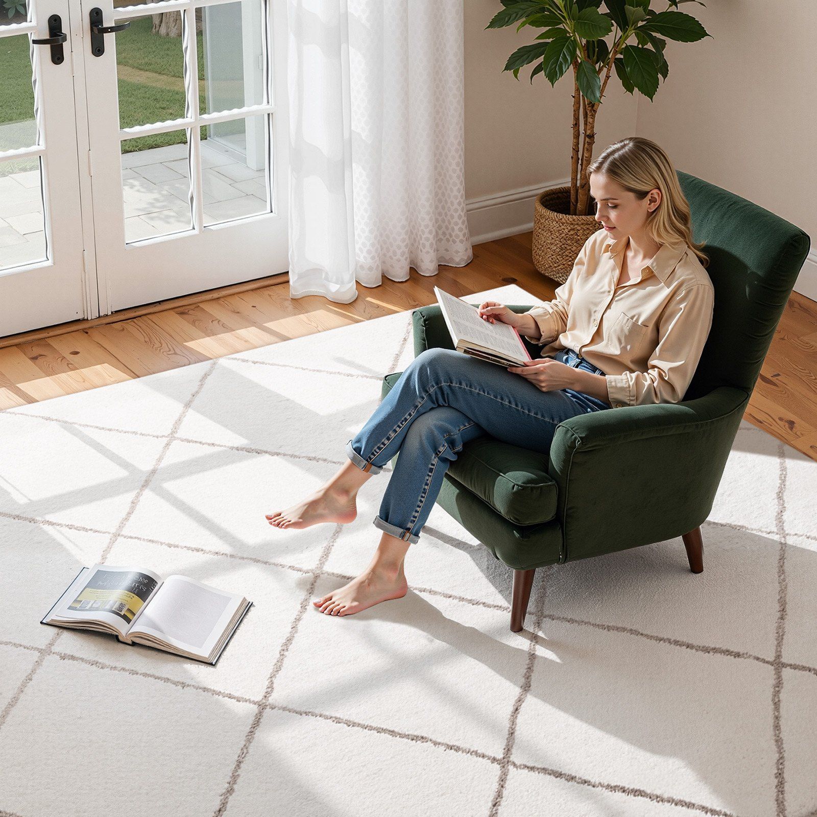 Indoor Plush Area Rugs, 2.44 x 3.05m Plush Carpet, Area Rugs Furry with Long Plushs Pile, Thick & Durable High-Pile Rug for High-Traffic Areas, Bedroom, Non-Shedding & Non-Slip Backing, Beige - Image 8