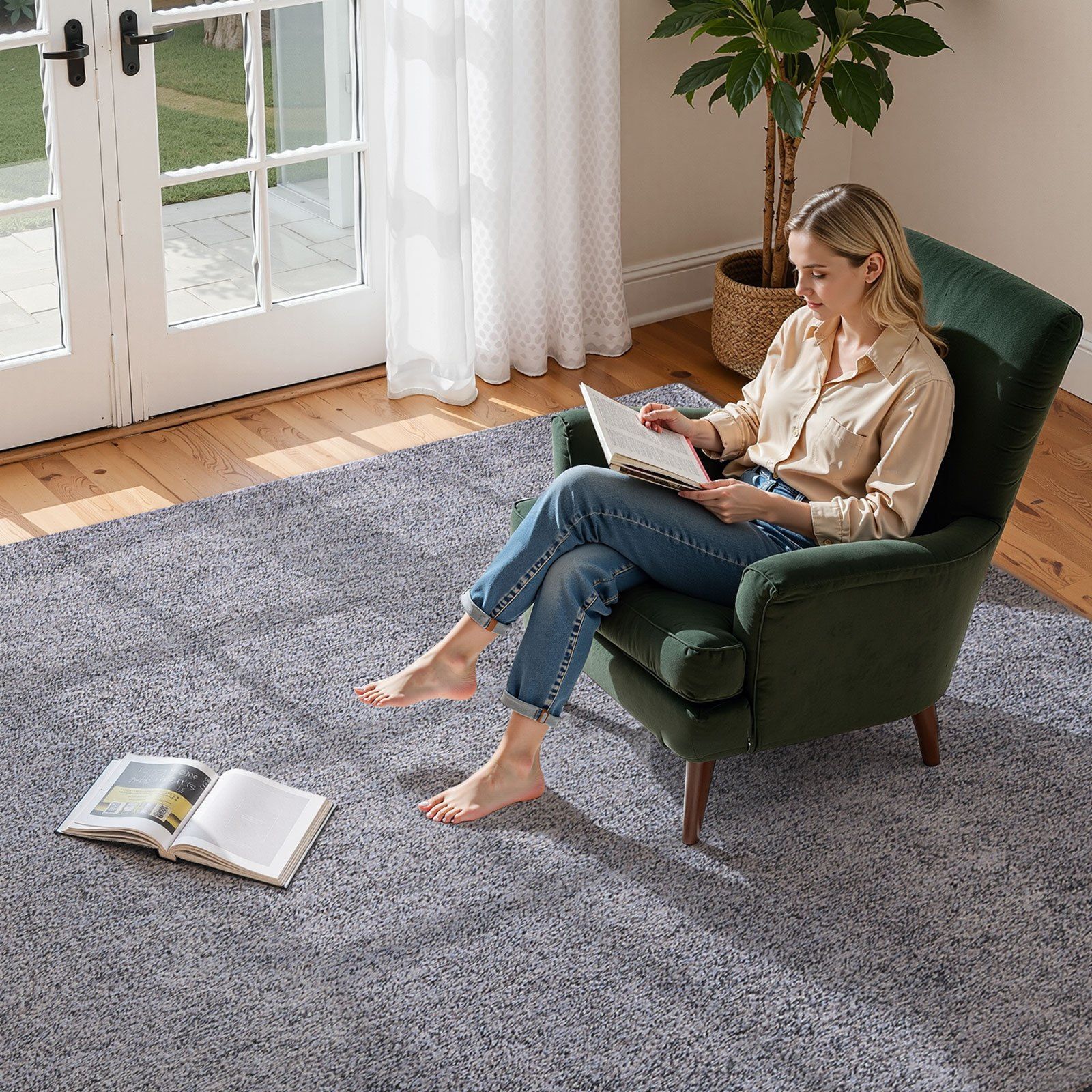Indoor Plush Area Rugs, 2.44 x 3.05m Plush Carpet, Area Rugs Furry with Long Plushs Pile, Thick & Durable High-Pile Rug for High-Traffic Areas, Non-Shedding & Non-Slip Backing, Blue-Gray - Image 8