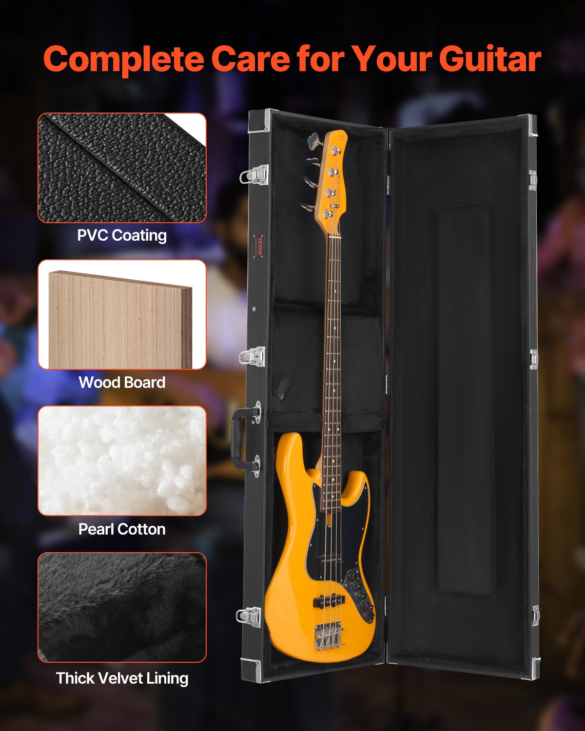 Bass Guitar Hard Case, 1220 mm Rectangular Guitar Hard Case, With Lock Latch Keys Handle, PVC Padding Soft Lining Water-Resistant Hard Shell Guitar Case, for 990-1180 mm Bass Guitars, Black - Image 4