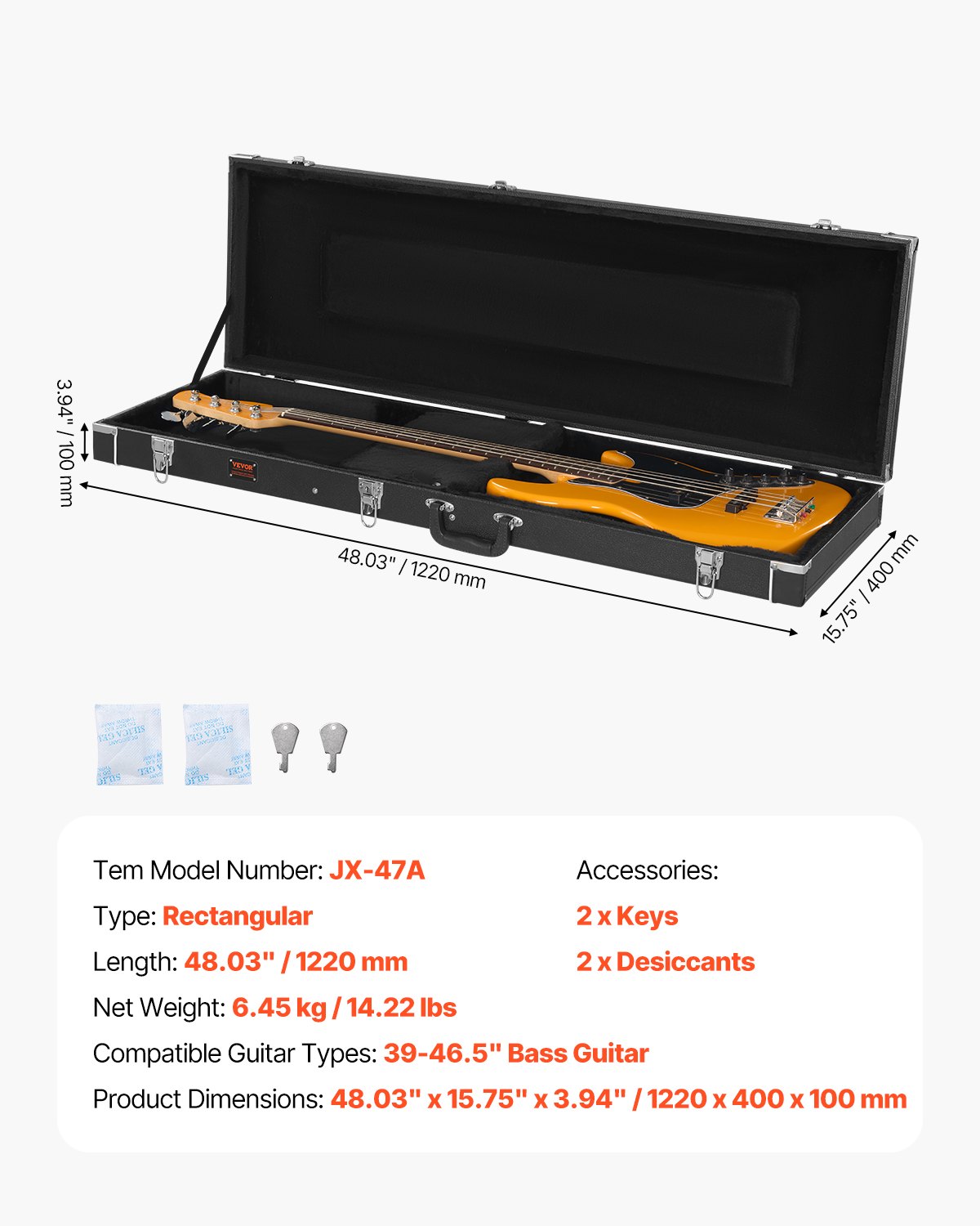Bass Guitar Hard Case, 1220 mm Rectangular Guitar Hard Case, With Lock Latch Keys Handle, PVC Padding Soft Lining Water-Resistant Hard Shell Guitar Case, for 990-1180 mm Bass Guitars, Black - Image 7