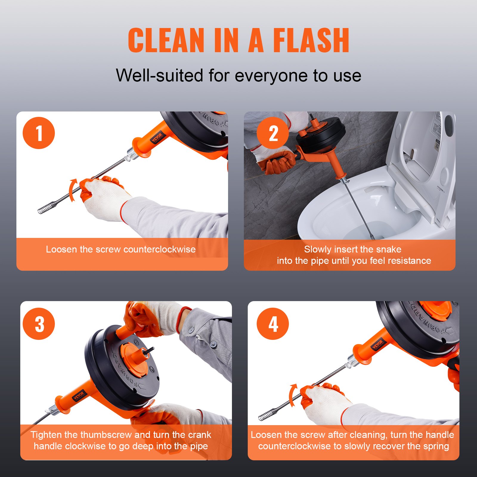 Drain Auger 25ft 1/4in Drum Plumbing Drain Snake Clog Remover Manual-feed - Image 5