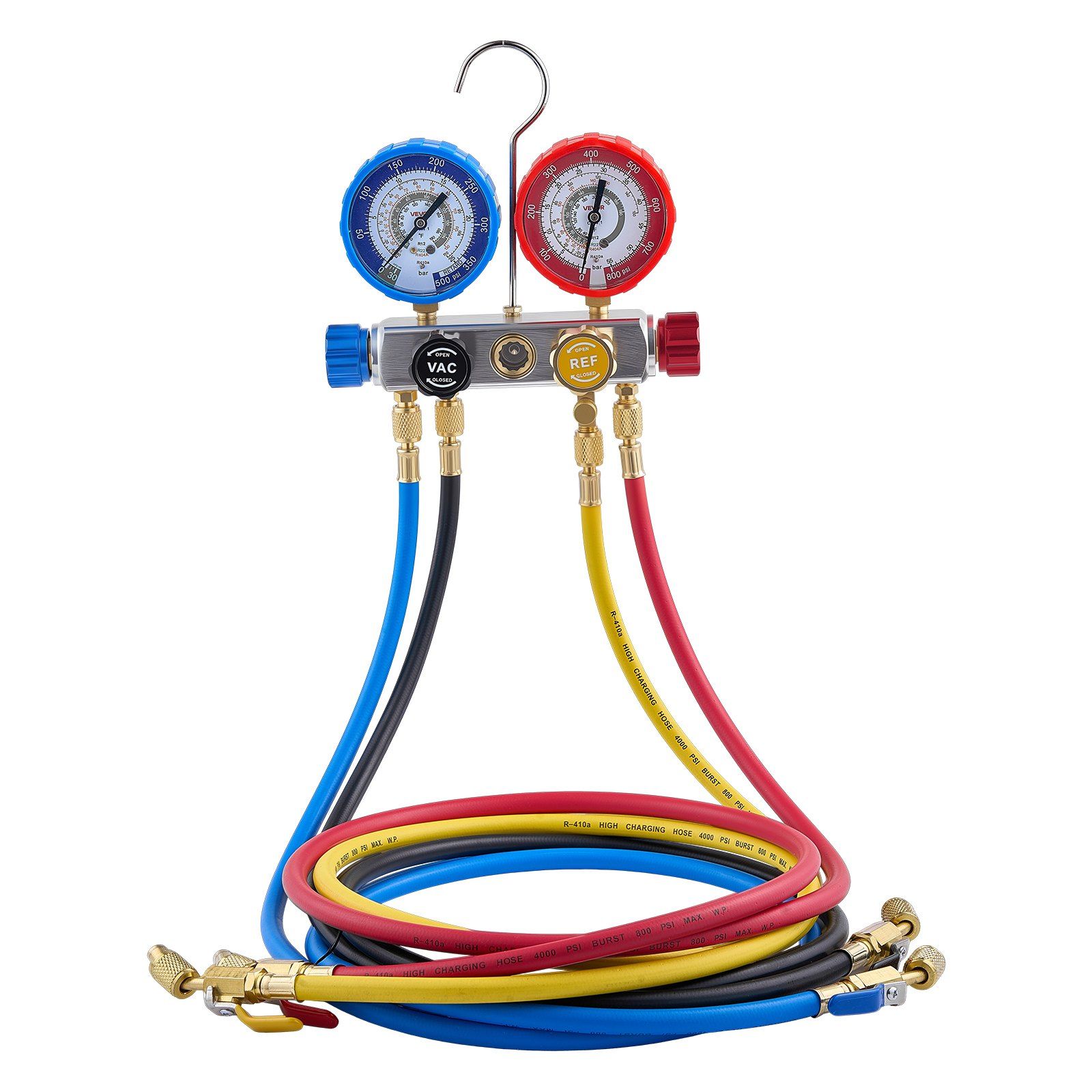 AC Manifold Gauge Set for R22 R404A R410A R12 Refrigerants, 4 Way AC Gauges with 1.5 m Hoses for Automotive & Household Air Conditioning Maintenance, Evacuation Vacuuming Charging and Recovery - Image 1