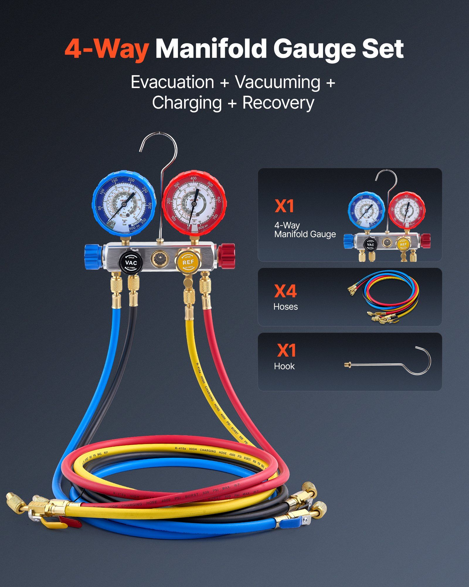 AC Manifold Gauge Set for R22 R404A R410A R12 Refrigerants, 4 Way AC Gauges with 1.5 m Hoses for Automotive & Household Air Conditioning Maintenance, Evacuation Vacuuming Charging and Recovery - Image 2