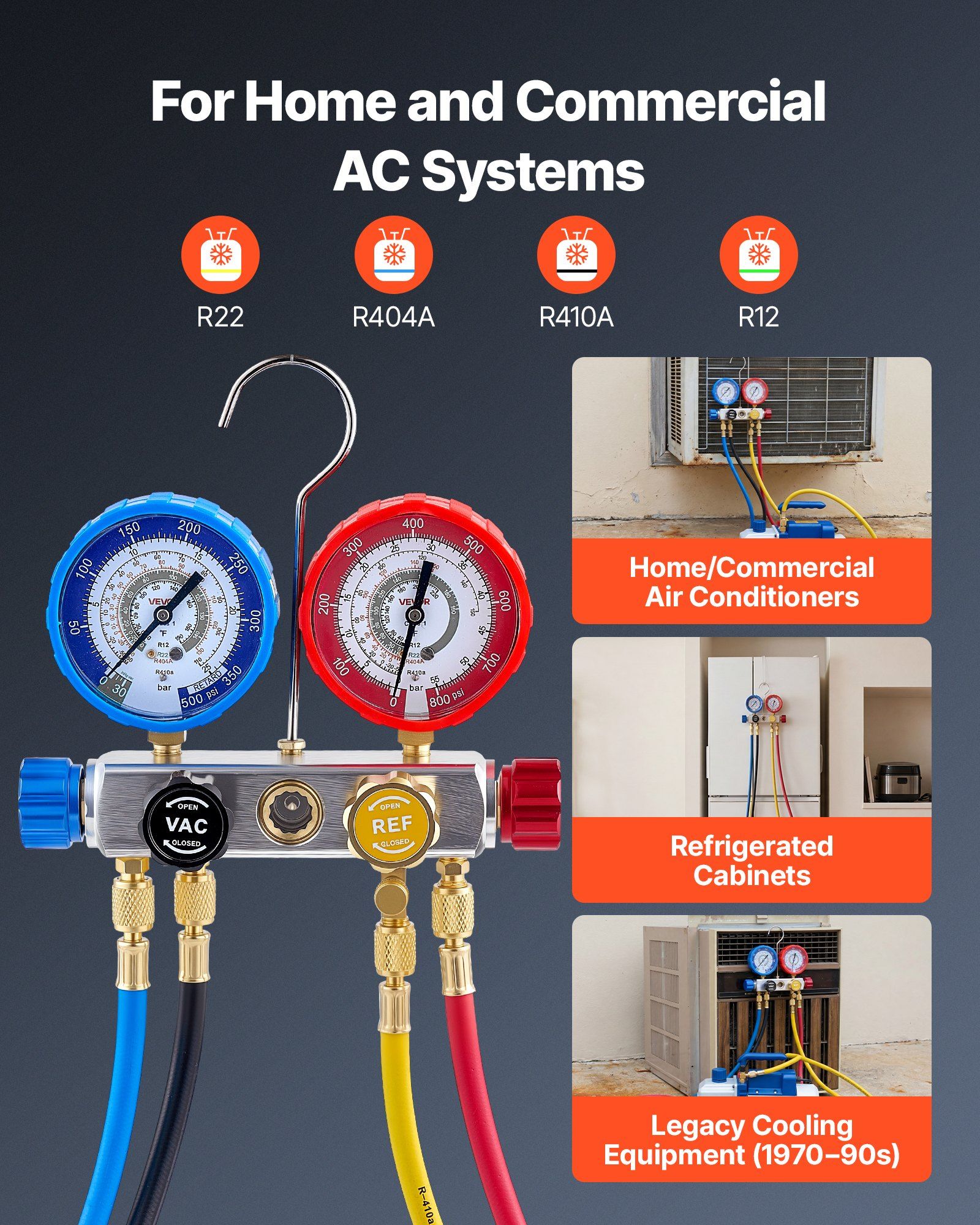 AC Manifold Gauge Set for R22 R404A R410A R12 Refrigerants, 4 Way AC Gauges with 1.5 m Hoses for Automotive & Household Air Conditioning Maintenance, Evacuation Vacuuming Charging and Recovery - Image 3