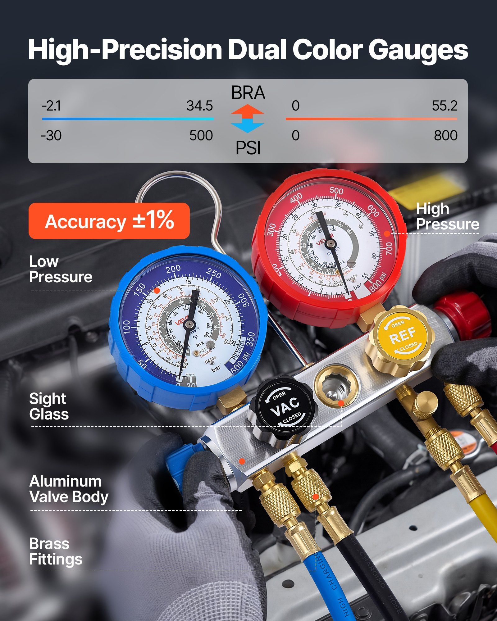 AC Manifold Gauge Set for R22 R404A R410A R12 Refrigerants, 4 Way AC Gauges with 1.5 m Hoses for Automotive & Household Air Conditioning Maintenance, Evacuation Vacuuming Charging and Recovery - Image 4
