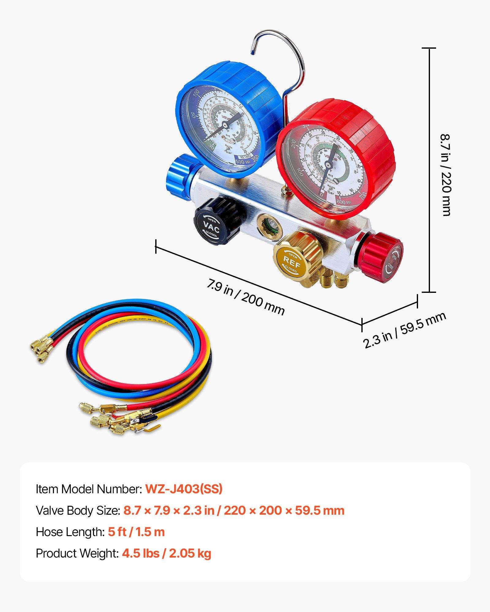 AC Manifold Gauge Set for R22 R404A R410A R12 Refrigerants, 4 Way AC Gauges with 1.5 m Hoses for Automotive & Household Air Conditioning Maintenance, Evacuation Vacuuming Charging and Recovery - Image 7