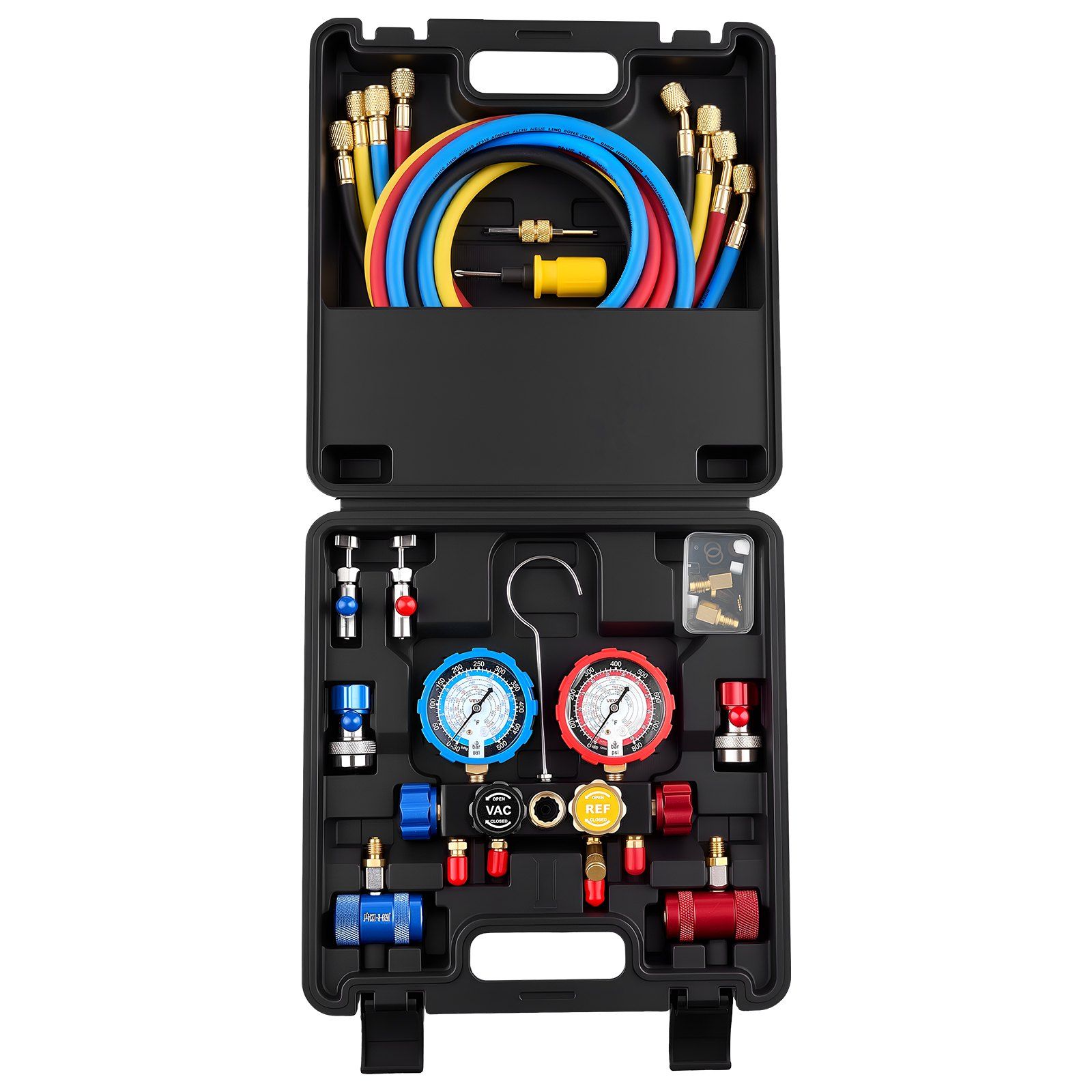 AC Manifold Gauge Set for R134a R404A R1234yf R22 Refrigerant, 4 Way AC Gauge with 1.5m Hoses, Adapters, Quick Couplers, Can Taps for Automotive Air Conditioning Maintenance, Charging Evacuation - Image 1