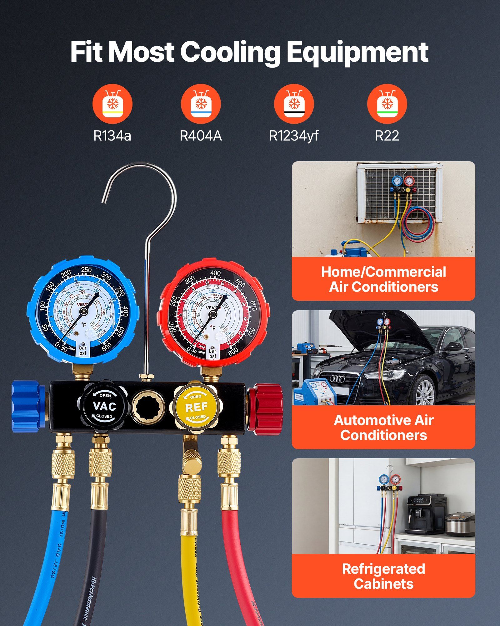 AC Manifold Gauge Set for R134a R404A R1234yf R22 Refrigerant, 4 Way AC Gauge with 1.5m Hoses, Adapters, Quick Couplers, Can Taps for Automotive Air Conditioning Maintenance, Charging Evacuation - Image 3