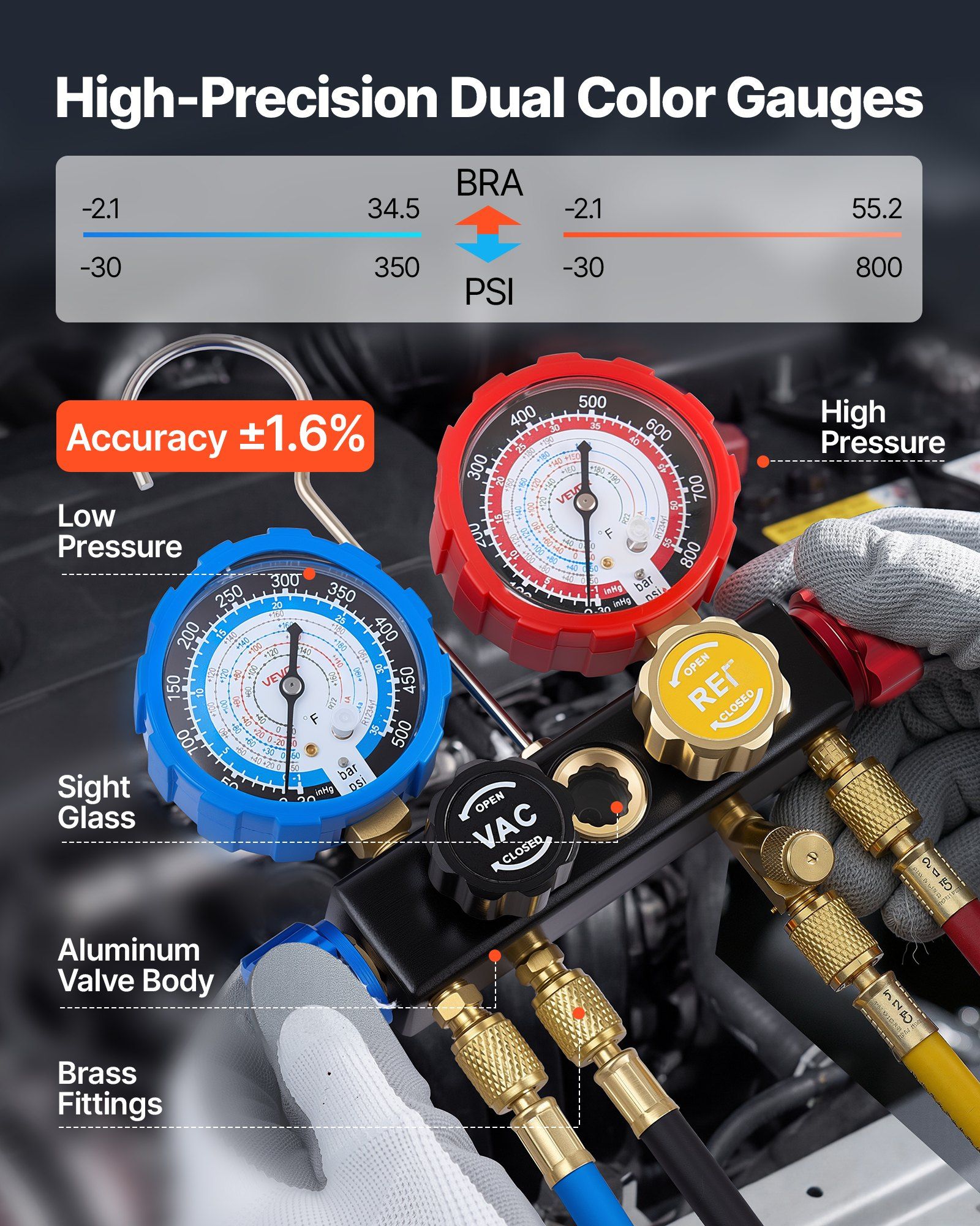 AC Manifold Gauge Set for R134a R404A R1234yf R22 Refrigerant, 4 Way AC Gauge with 1.5m Hoses, Adapters, Quick Couplers, Can Taps for Automotive Air Conditioning Maintenance, Charging Evacuation - Image 4