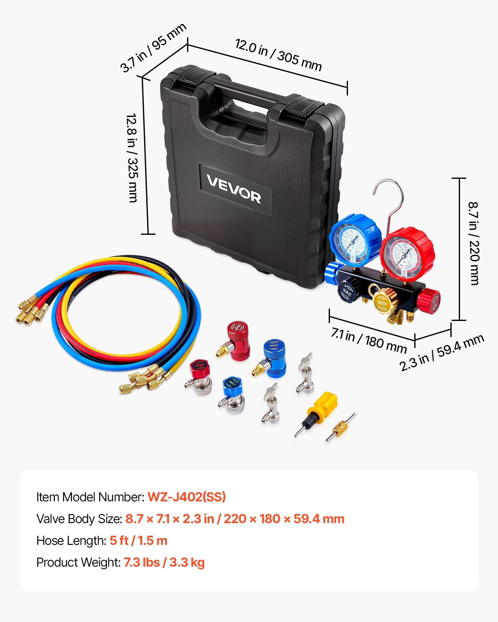 AC Manifold Gauge Set for R134a R404A R1234yf R22 Refrigerant, 4 Way AC Gauge with 1.5m Hoses, Adapters, Quick Couplers, Can Taps for Automotive Air Conditioning Maintenance, Charging Evacuation - Image 7