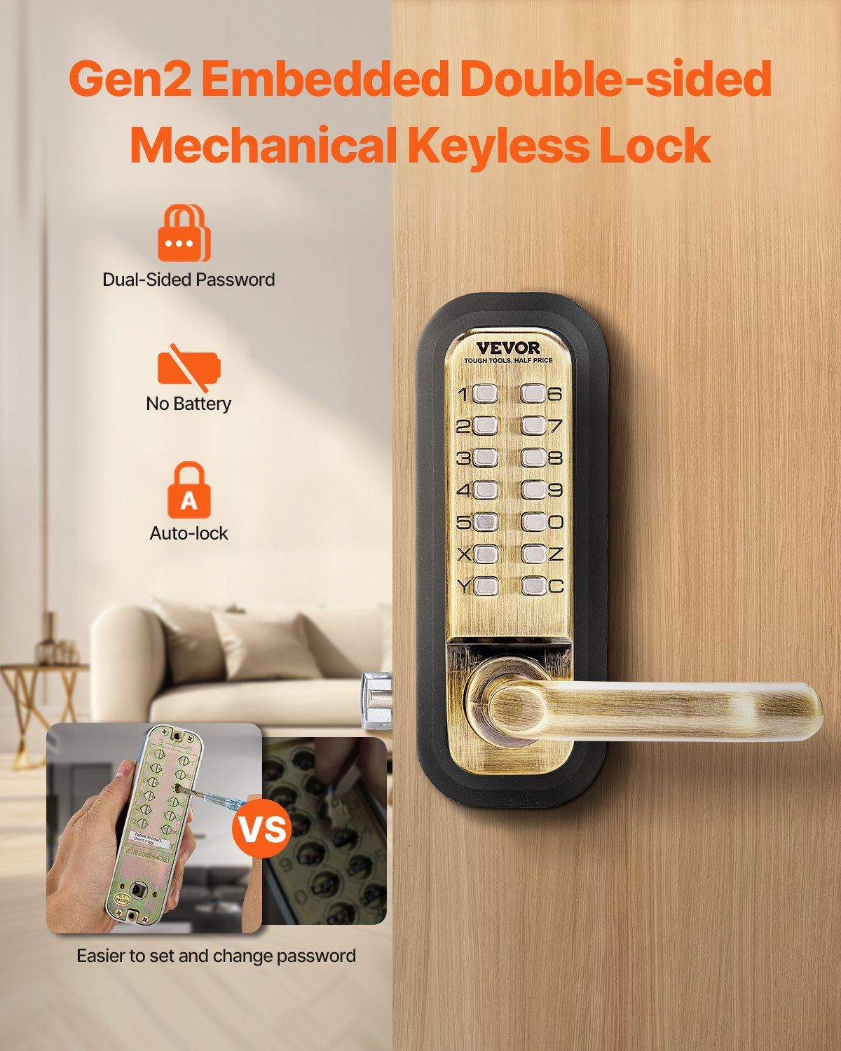Mechanical Keyless Entry Door Lock, 14 Key Mechanical Door Lock, Mechanical Keypad Door Lock with Handle, Double-Sided Stainless Steel Waterproof Keyless Gate Lock, for Home Office Fence Garage - Image 2