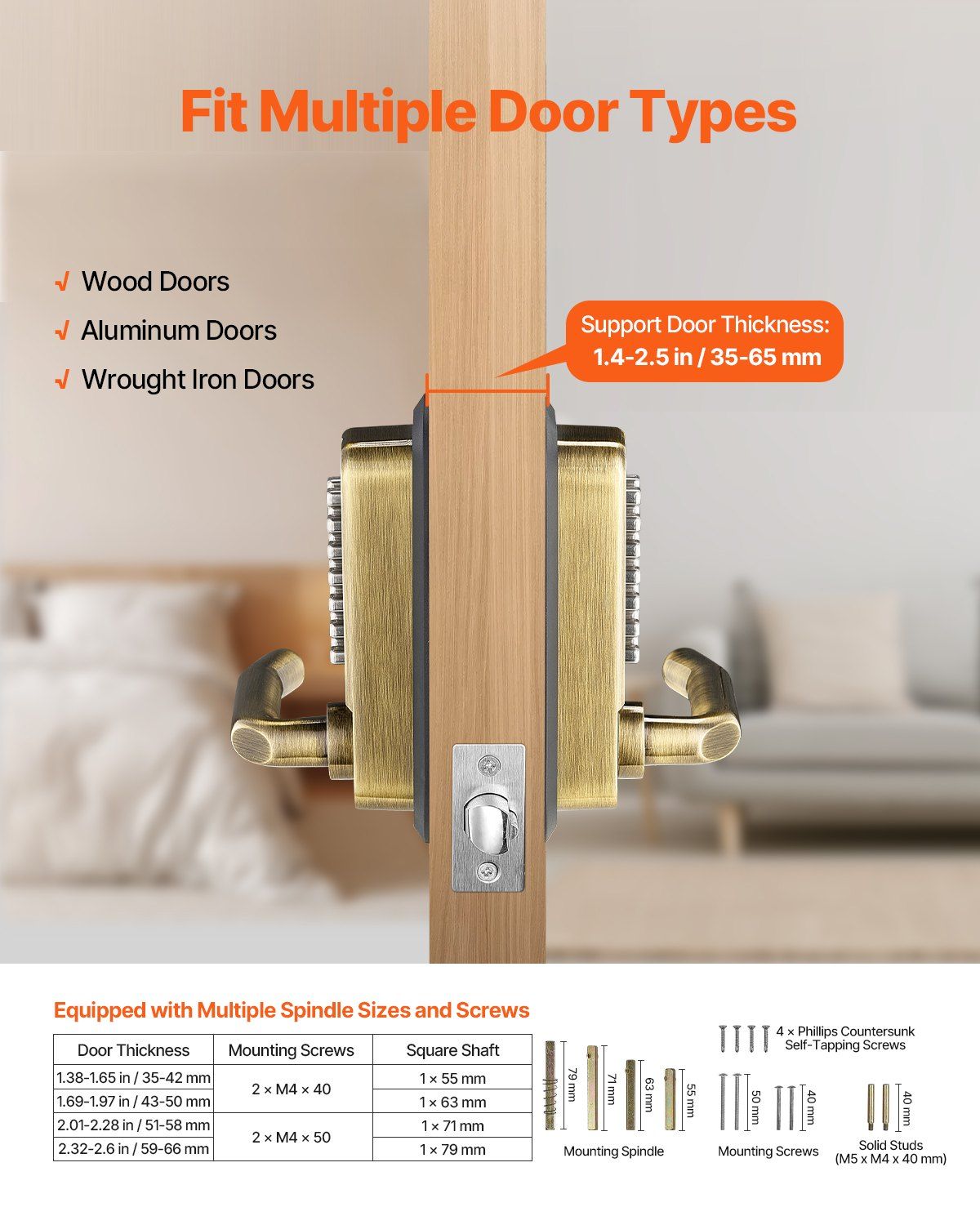 Mechanical Keyless Entry Door Lock, 14 Key Mechanical Door Lock, Mechanical Keypad Door Lock with Handle, Double-Sided Stainless Steel Waterproof Keyless Gate Lock, for Home Office Fence Garage - Image 3