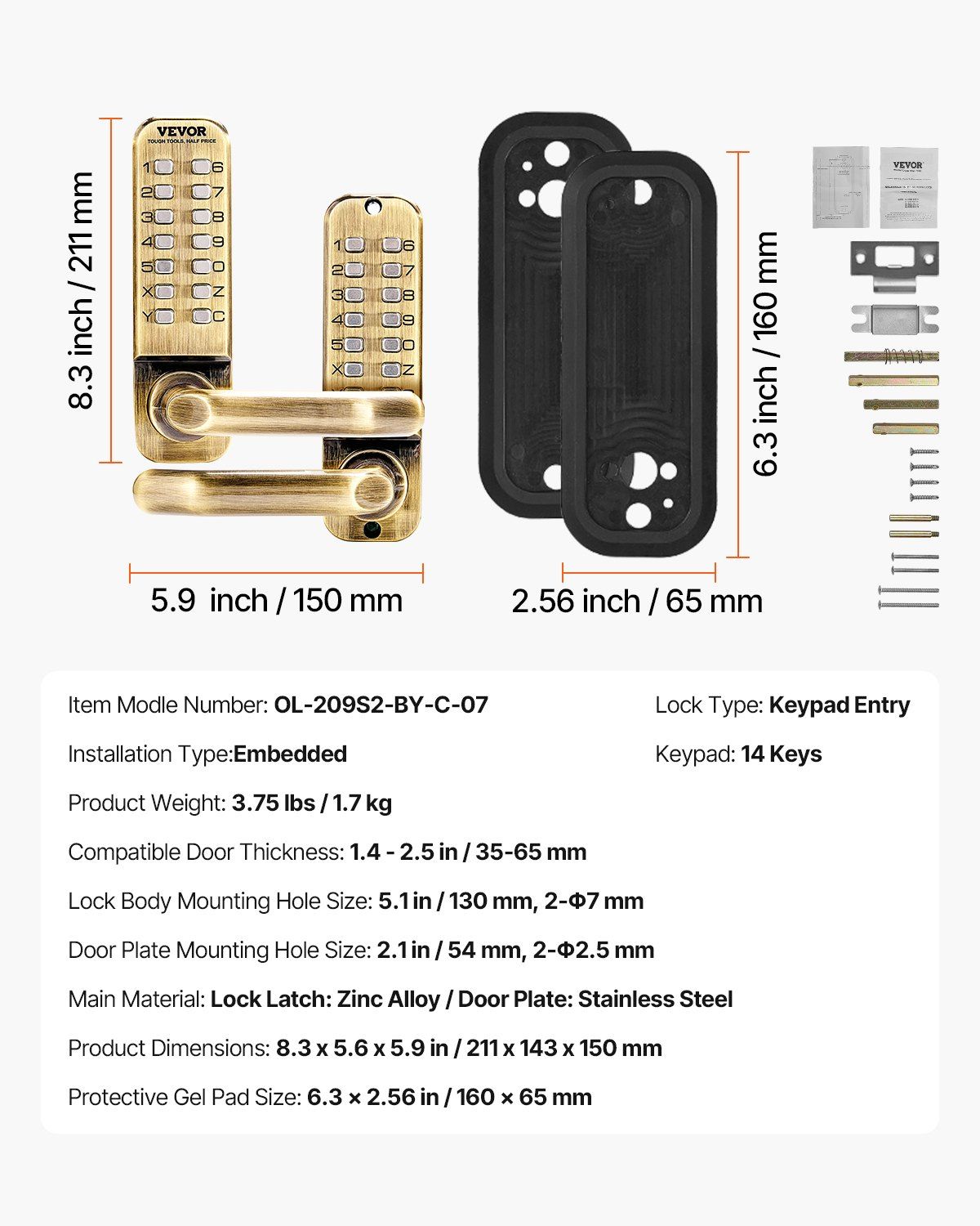 Mechanical Keyless Entry Door Lock, 14 Key Mechanical Door Lock, Mechanical Keypad Door Lock with Handle, Double-Sided Stainless Steel Waterproof Keyless Gate Lock, for Home Office Fence Garage - Image 7