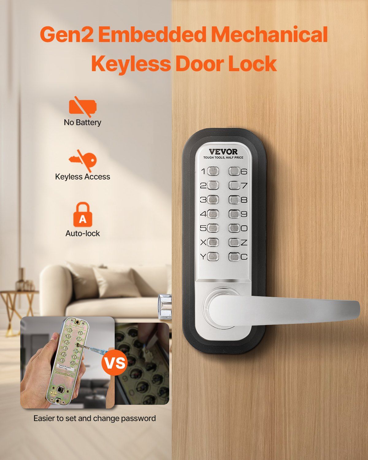 Mechanical Keyless Entry Door Lock, 14 Key Mechanical Door Lock, Mechanical Keypad Door Lock with Handle, Stainless Steel Waterproof Keyless Gate Lock, for Home Office Outdoor Fence Garage Yard - Image 2