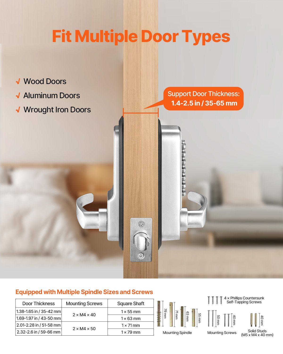 Mechanical Keyless Entry Door Lock, 14 Key Mechanical Door Lock, Mechanical Keypad Door Lock with Handle, Stainless Steel Waterproof Keyless Gate Lock, for Home Office Outdoor Fence Garage Yard - Image 3