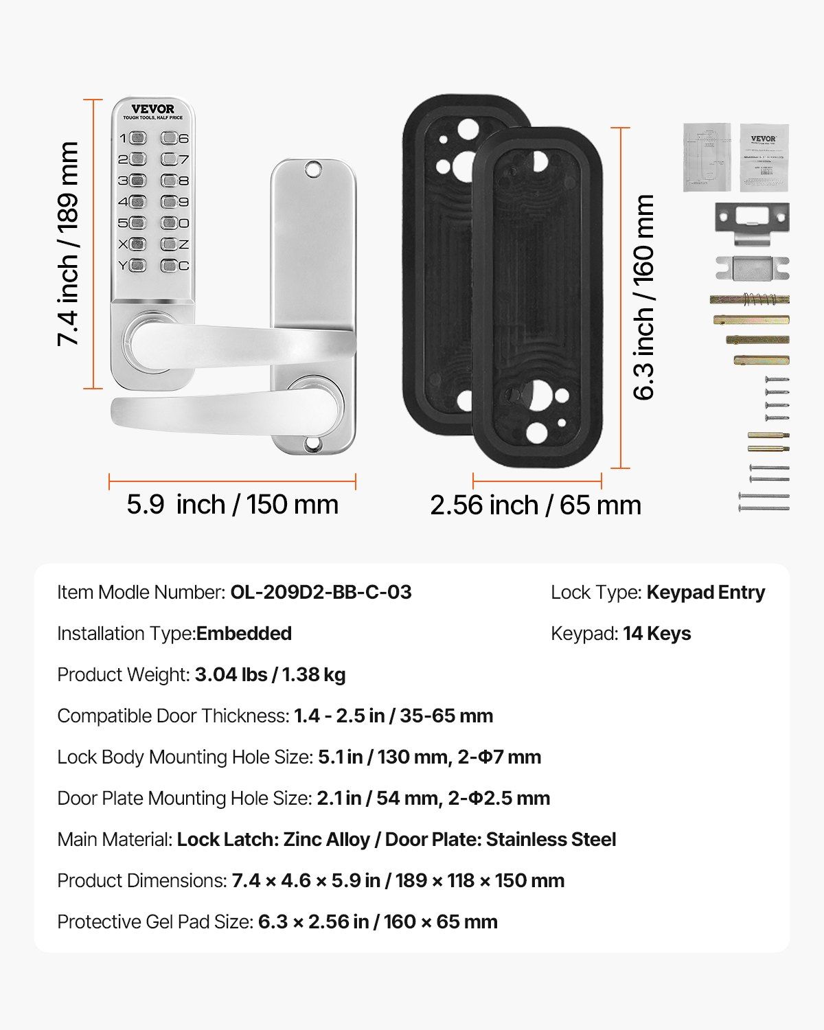 Mechanical Keyless Entry Door Lock, 14 Key Mechanical Door Lock, Mechanical Keypad Door Lock with Handle, Stainless Steel Waterproof Keyless Gate Lock, for Home Office Outdoor Fence Garage Yard - Image 7