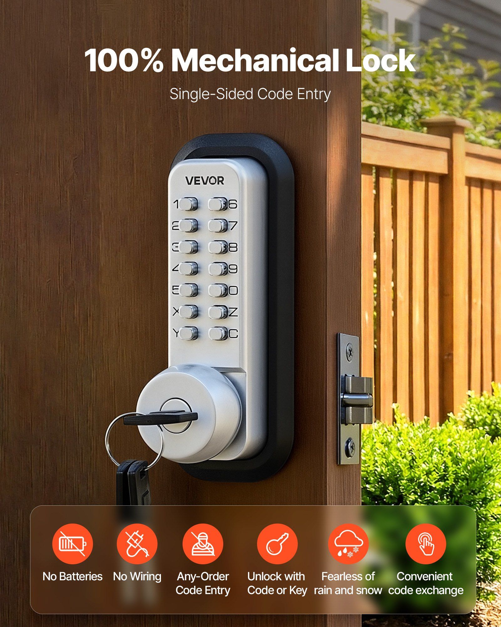 Mechanical Keyless Entry Door Lock, 2.0 Code Upgrade, 4-7 Digits Code, Single-Sided Push Button Combination Mechanical Keypad Door Knob, Auto Locking, for Garden Gates, Indoor or Outdoor, Silver - Image 2