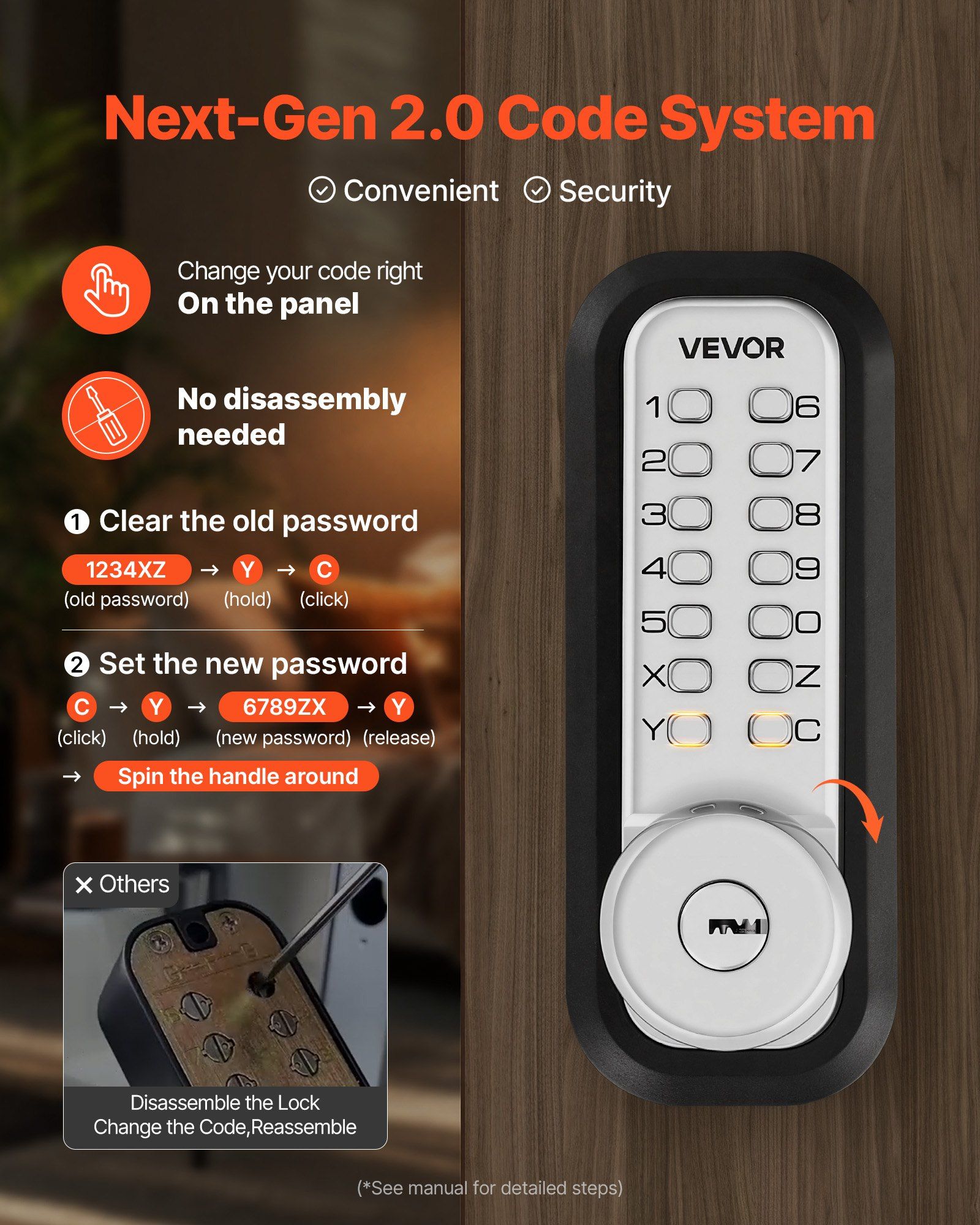 Mechanical Keyless Entry Door Lock, 2.0 Code Upgrade, 4-7 Digits Code, Single-Sided Push Button Combination Mechanical Keypad Door Knob, Auto Locking, for Garden Gates, Indoor or Outdoor, Silver - Image 4