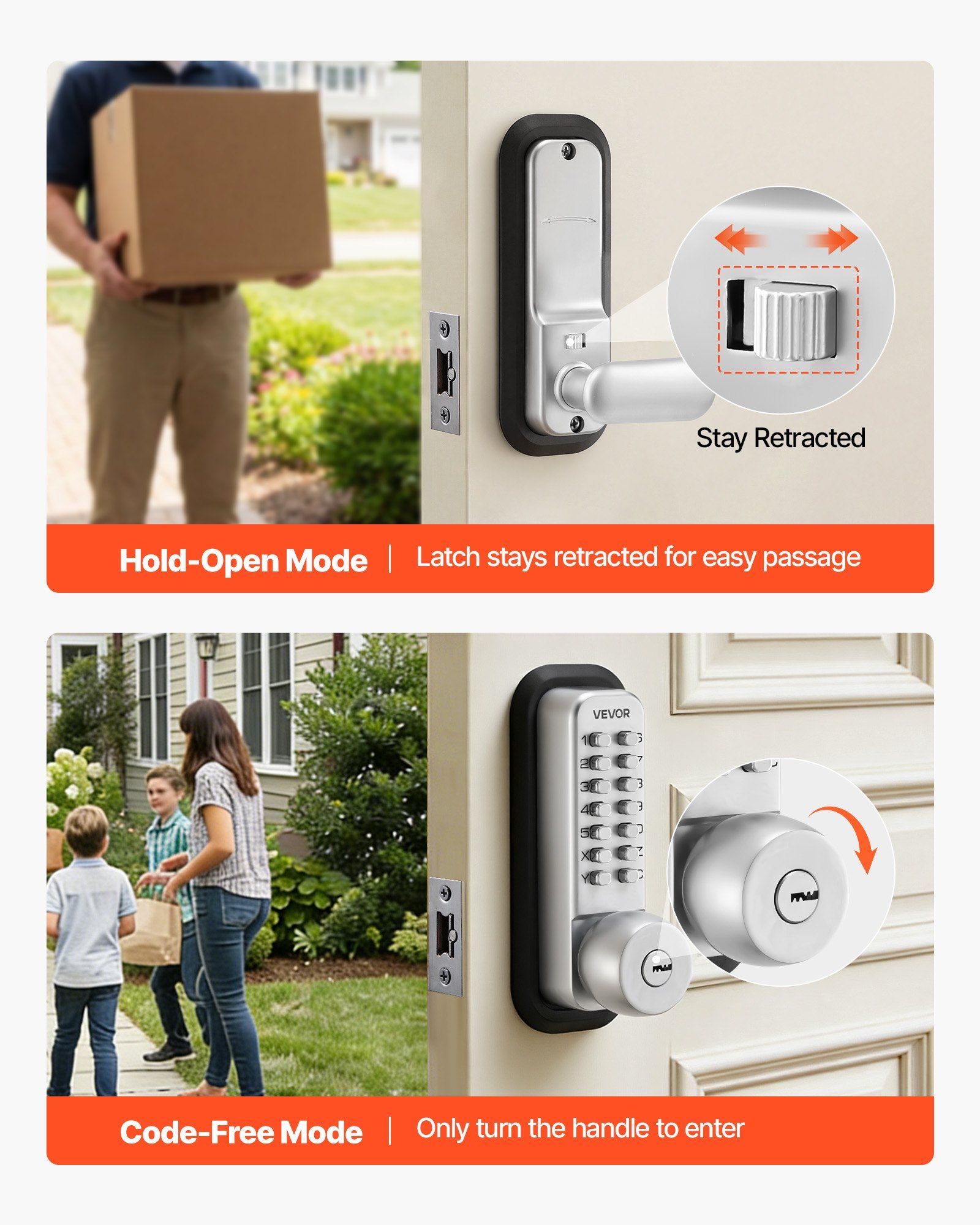 Mechanical Keyless Entry Door Lock, 2.0 Code Upgrade, 4-7 Digits Code, Single-Sided Push Button Combination Mechanical Keypad Door Knob, Auto Locking, for Garden Gates, Indoor or Outdoor, Silver - Image 5