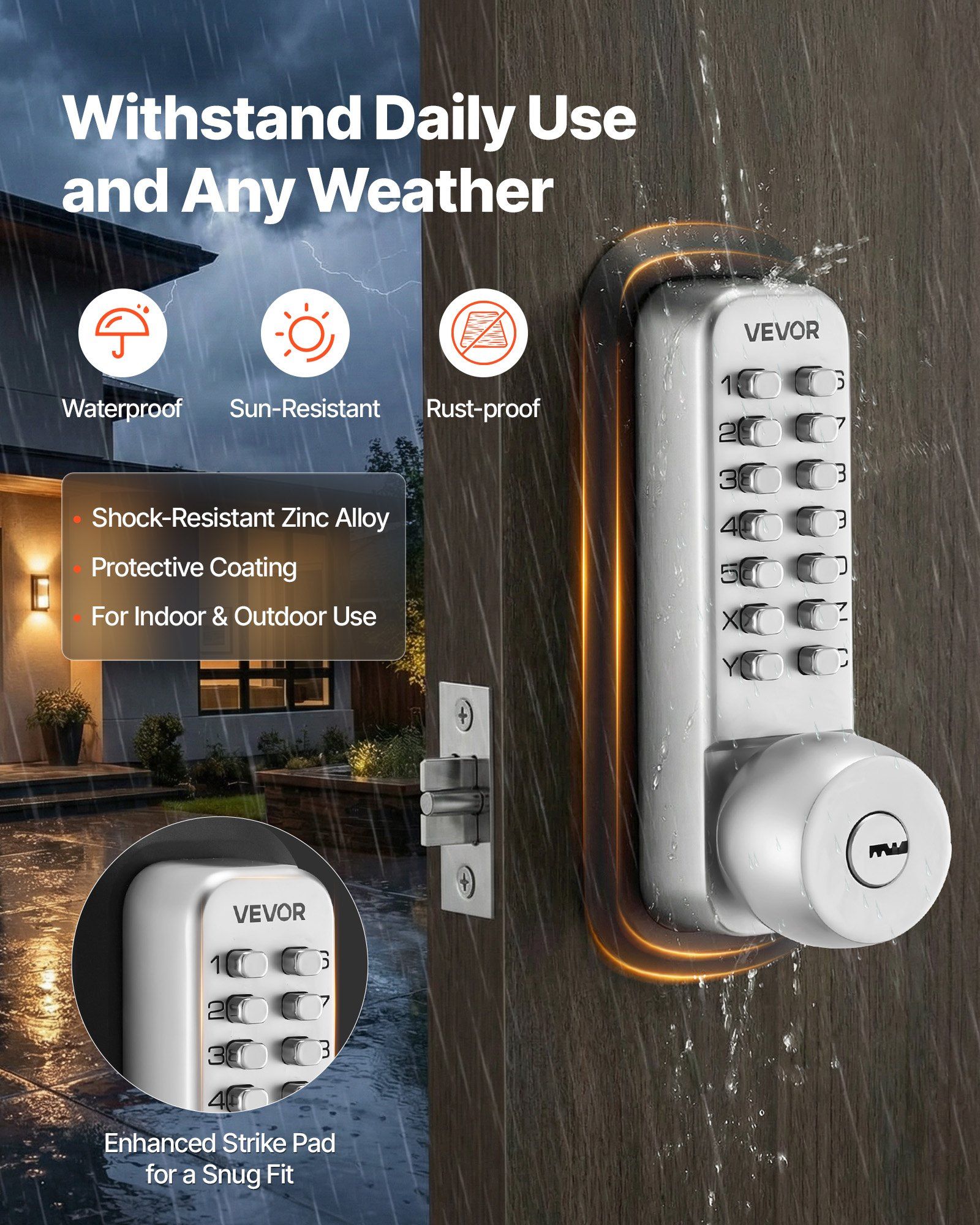 Mechanical Keyless Entry Door Lock, 2.0 Code Upgrade, 4-7 Digits Code, Single-Sided Push Button Combination Mechanical Keypad Door Knob, Auto Locking, for Garden Gates, Indoor or Outdoor, Silver - Image 6