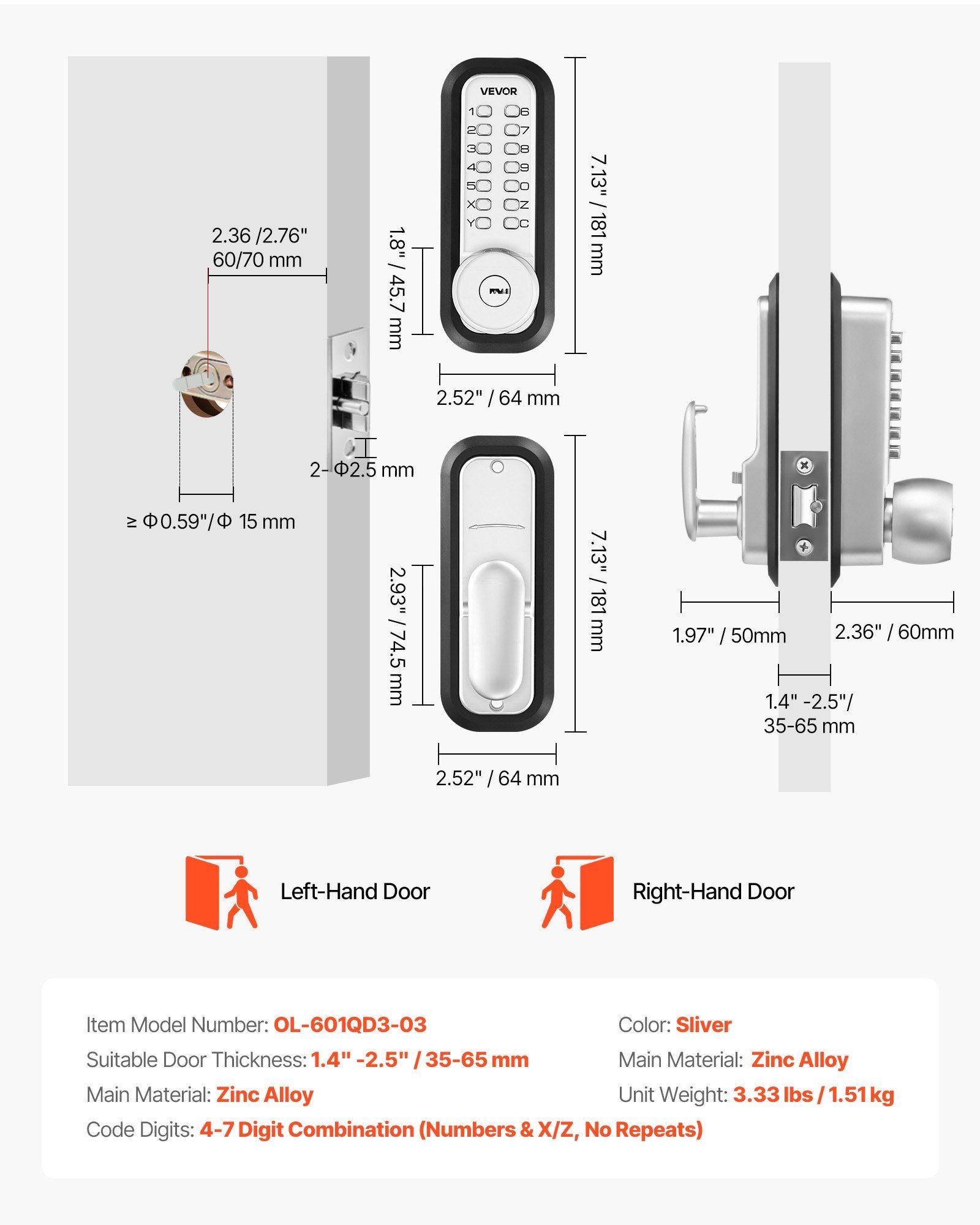 Mechanical Keyless Entry Door Lock, 2.0 Code Upgrade, 4-7 Digits Code, Single-Sided Push Button Combination Mechanical Keypad Door Knob, Auto Locking, for Garden Gates, Indoor or Outdoor, Silver - Image 7