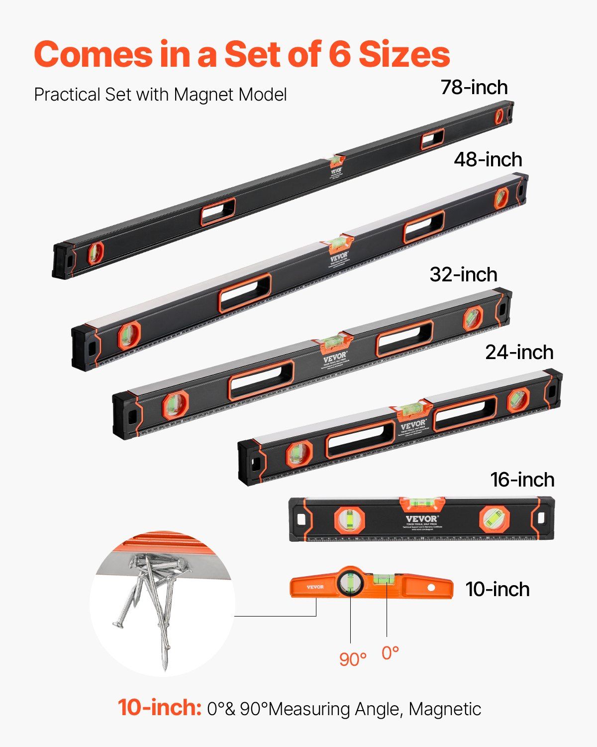 6-Piece Torpedo Level, 2000/1200/800/600/400/250 mm Box Levels Set, Bubble Vials Ruler for 45/90/180 Degree, Shock-Proof Aluminum Alloy Magnetic Leveler Tool, SAE/Metric Scale(250-mm has magnet) - Image 3