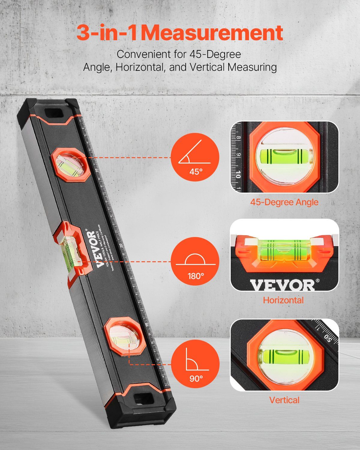 6-Piece Torpedo Level, 2000/1200/800/600/400/250 mm Box Levels Set, Bubble Vials Ruler for 45/90/180 Degree, Shock-Proof Aluminum Alloy Magnetic Leveler Tool, SAE/Metric Scale(250-mm has magnet) - Image 5