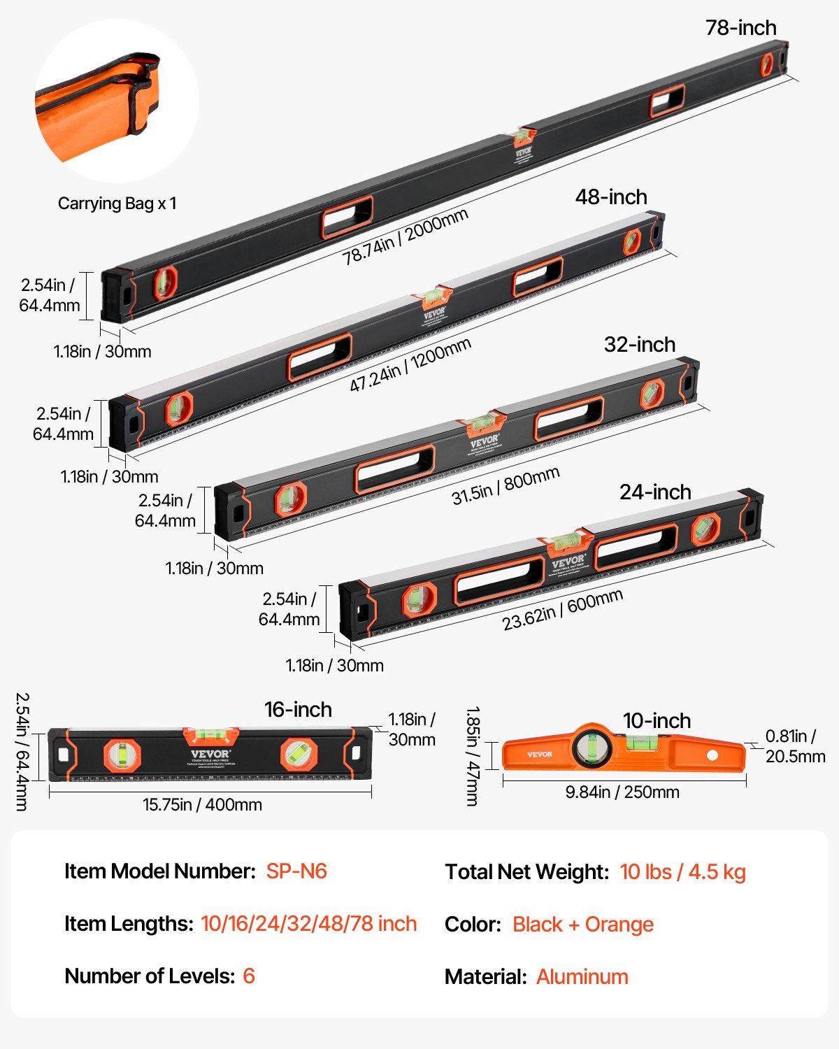 6-Piece Torpedo Level, 2000/1200/800/600/400/250 mm Box Levels Set, Bubble Vials Ruler for 45/90/180 Degree, Shock-Proof Aluminum Alloy Magnetic Leveler Tool, SAE/Metric Scale(250-mm has magnet) - Image 7