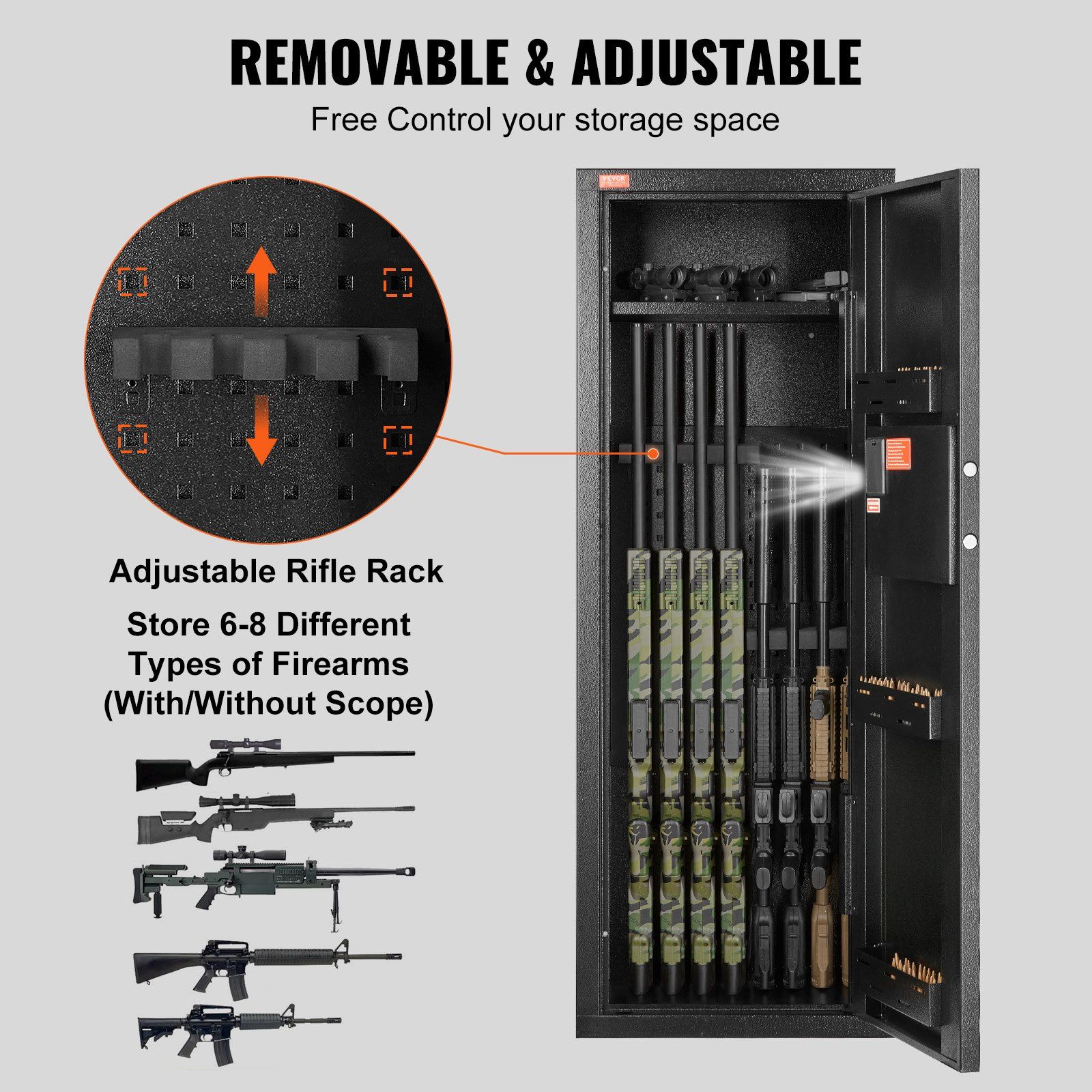 6-8 Rifles Gun Safe, Rifle Safe with Lock & Digital Keypad, Quick Access Tall Gun Storage Cabinet with Removable Shelf, Rifle Cabinet for Home Rifle and Shotguns - Image 6
