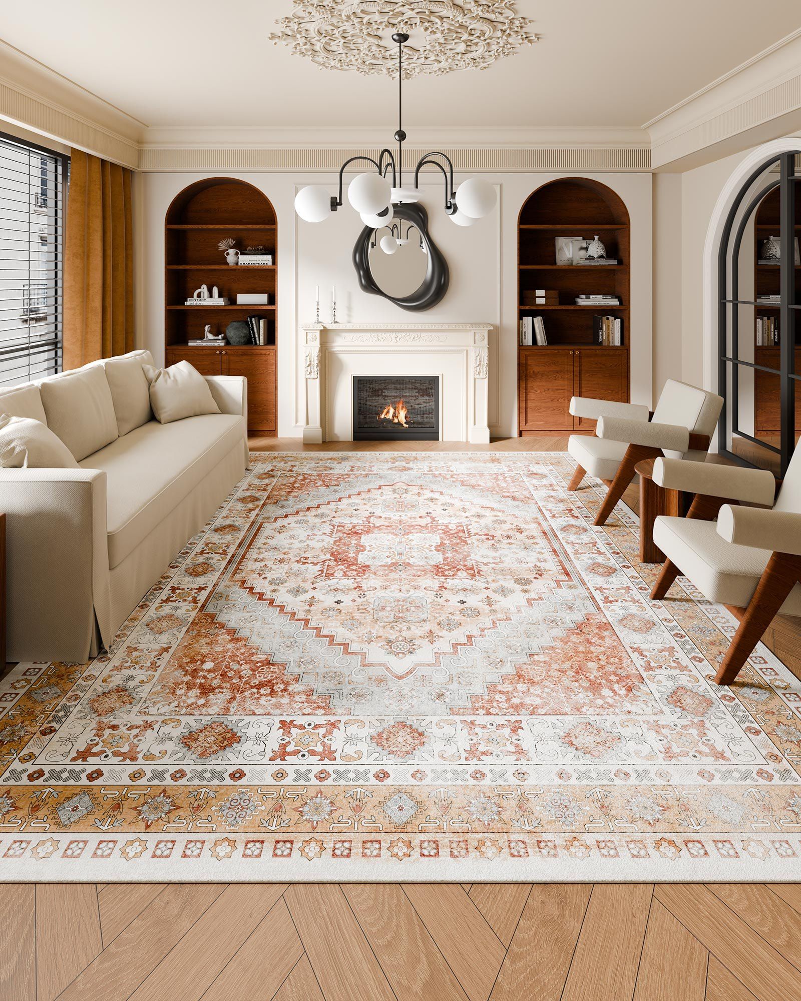 Area Rug, 2743.2 x 3658 mm Large Washable Rug, Non-Slip and Tear-Resistant Soft Carpet, Pet & Child Friendly Vintage Area Rugs, Indoor Mat for Bedroom, Living Room, Kids Room, Office, Brown Red - Image 2