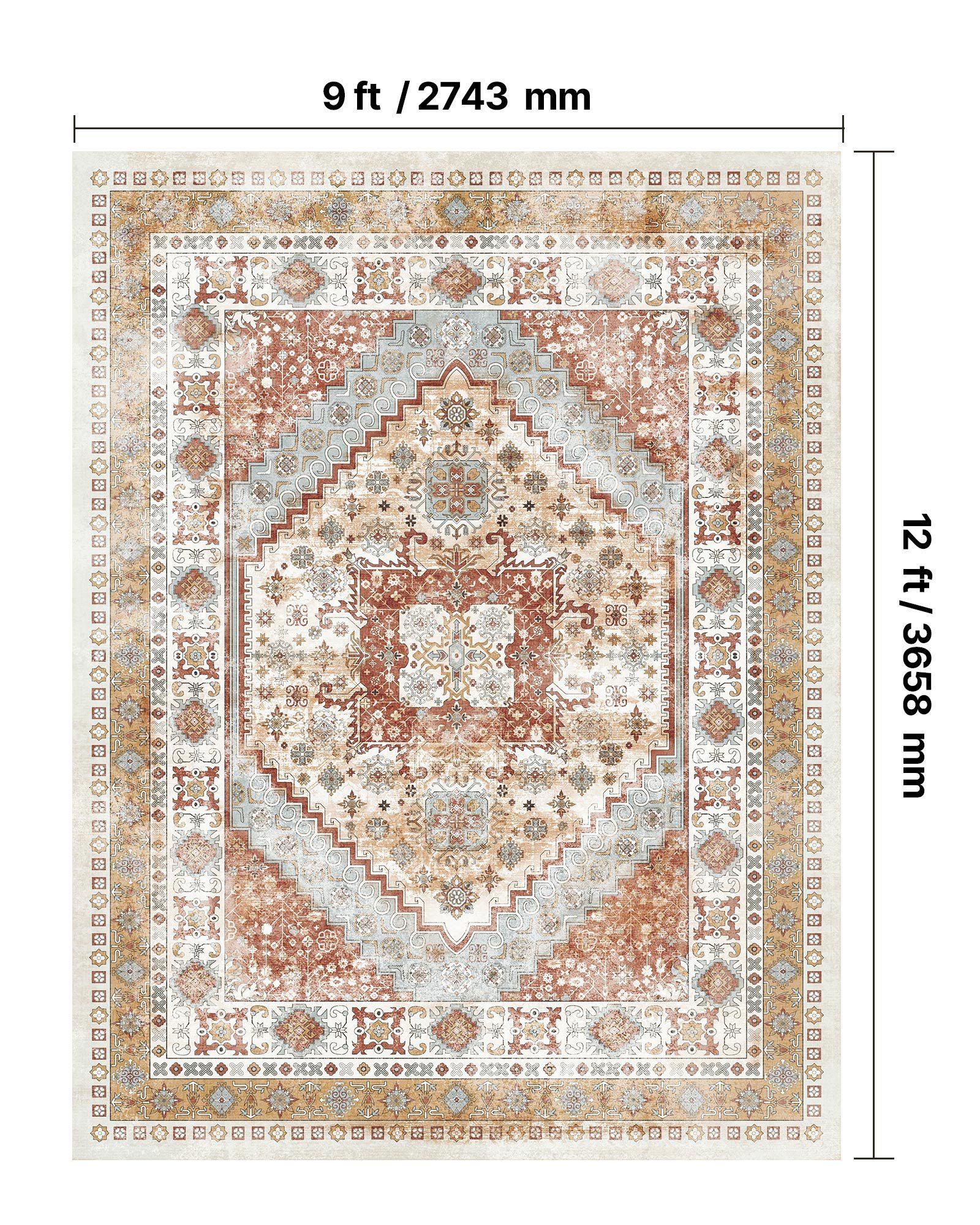 Area Rug, 2743.2 x 3658 mm Large Washable Rug, Non-Slip and Tear-Resistant Soft Carpet, Pet & Child Friendly Vintage Area Rugs, Indoor Mat for Bedroom, Living Room, Kids Room, Office, Brown Red - Image 3