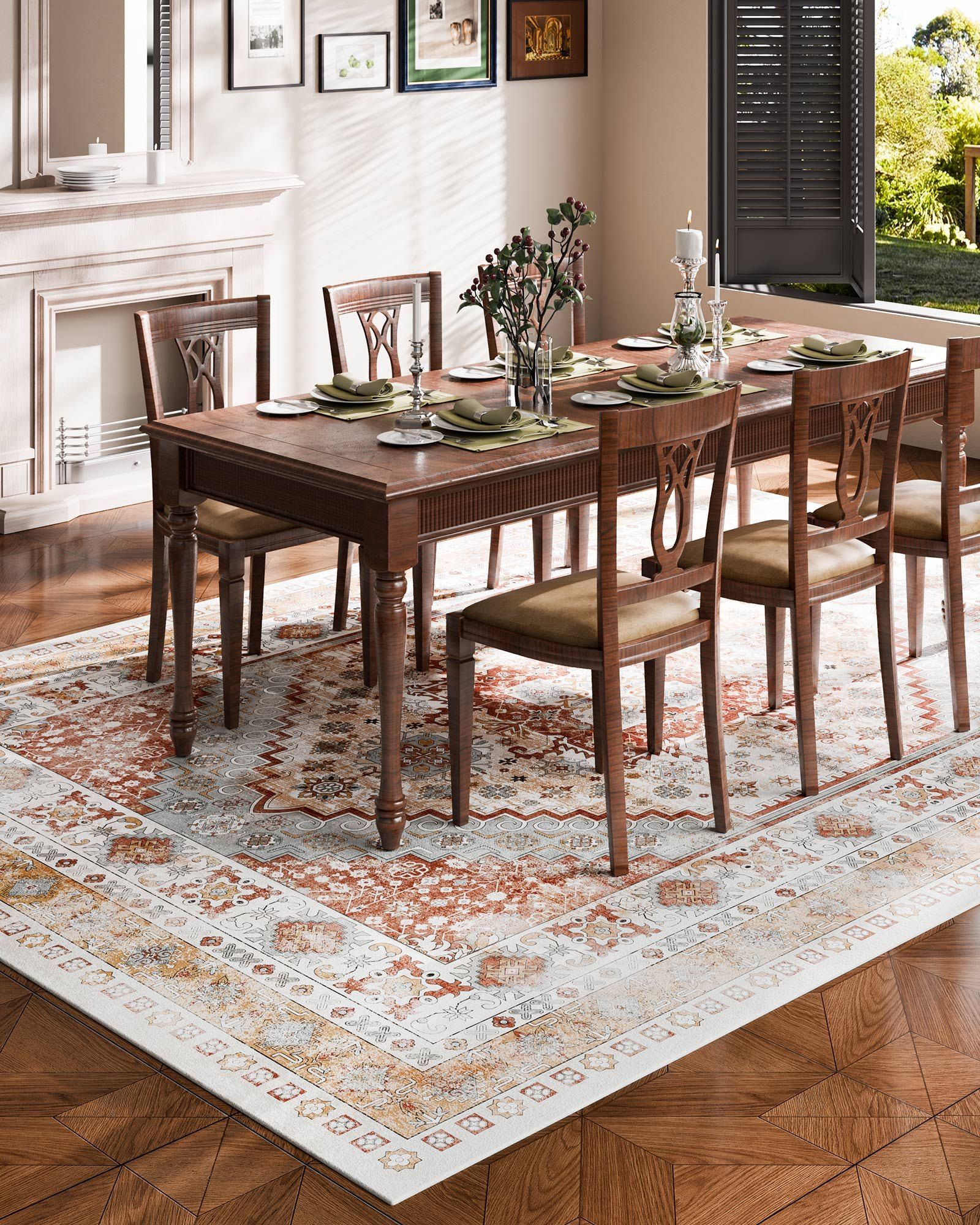 Area Rug, 2743.2 x 3658 mm Large Washable Rug, Non-Slip and Tear-Resistant Soft Carpet, Pet & Child Friendly Vintage Area Rugs, Indoor Mat for Bedroom, Living Room, Kids Room, Office, Brown Red - Image 5
