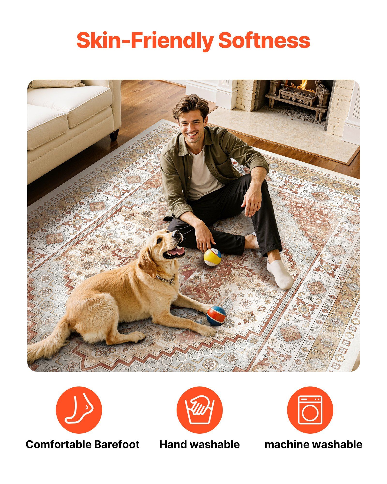 Area Rug, 2743.2 x 3658 mm Large Washable Rug, Non-Slip and Tear-Resistant Soft Carpet, Pet & Child Friendly Vintage Area Rugs, Indoor Mat for Bedroom, Living Room, Kids Room, Office, Brown Red - Image 7