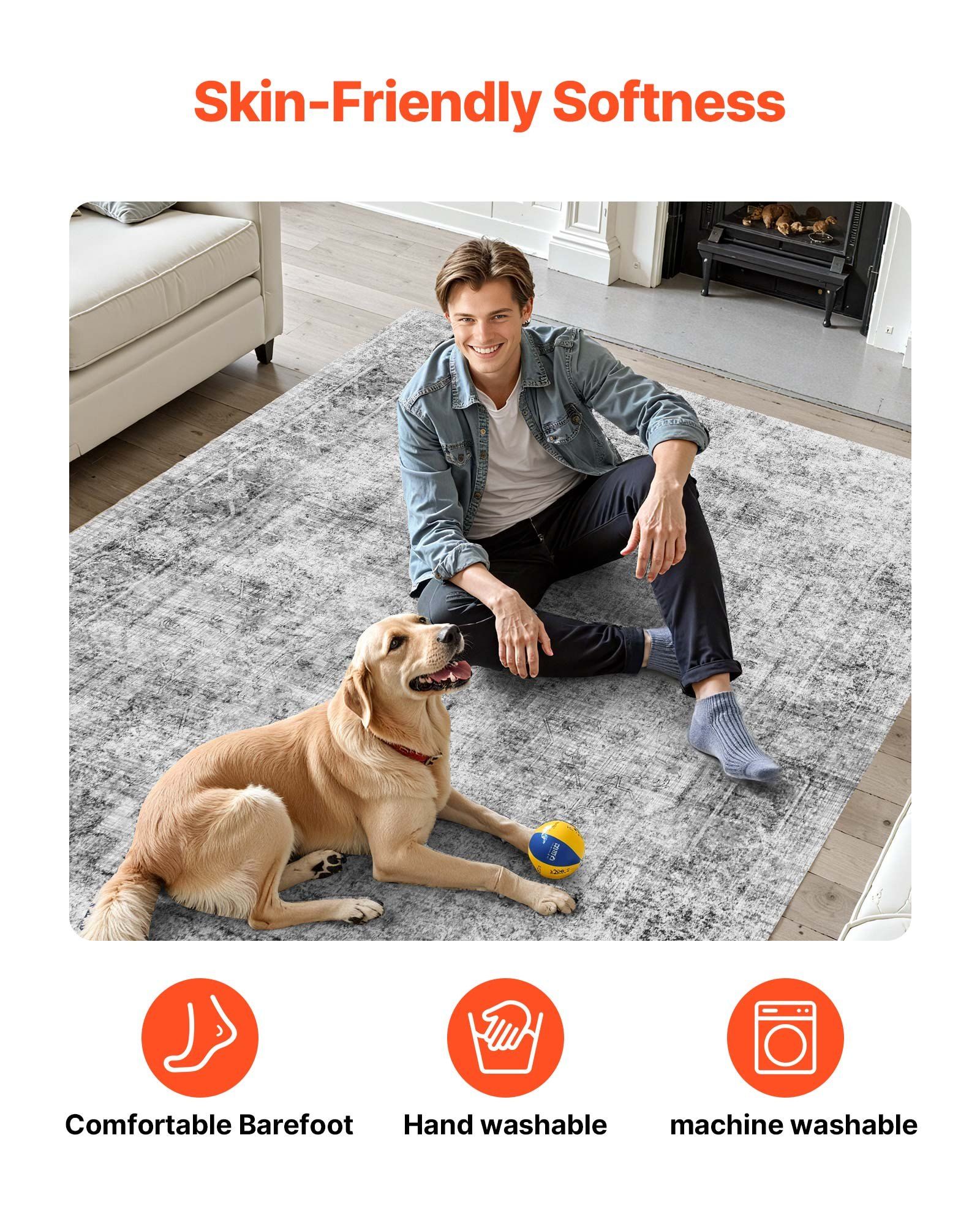 Area Rug, 2743.2 x 3658 mm Large Washable Boho Rug, Non-Slip and Tear-Resistant Soft Carpet, Pet & Child Friendly Bohemian Area Rugs, Indoor Mat for Bedroom, Living Room, Kids Room, Office, Gray - Image 7