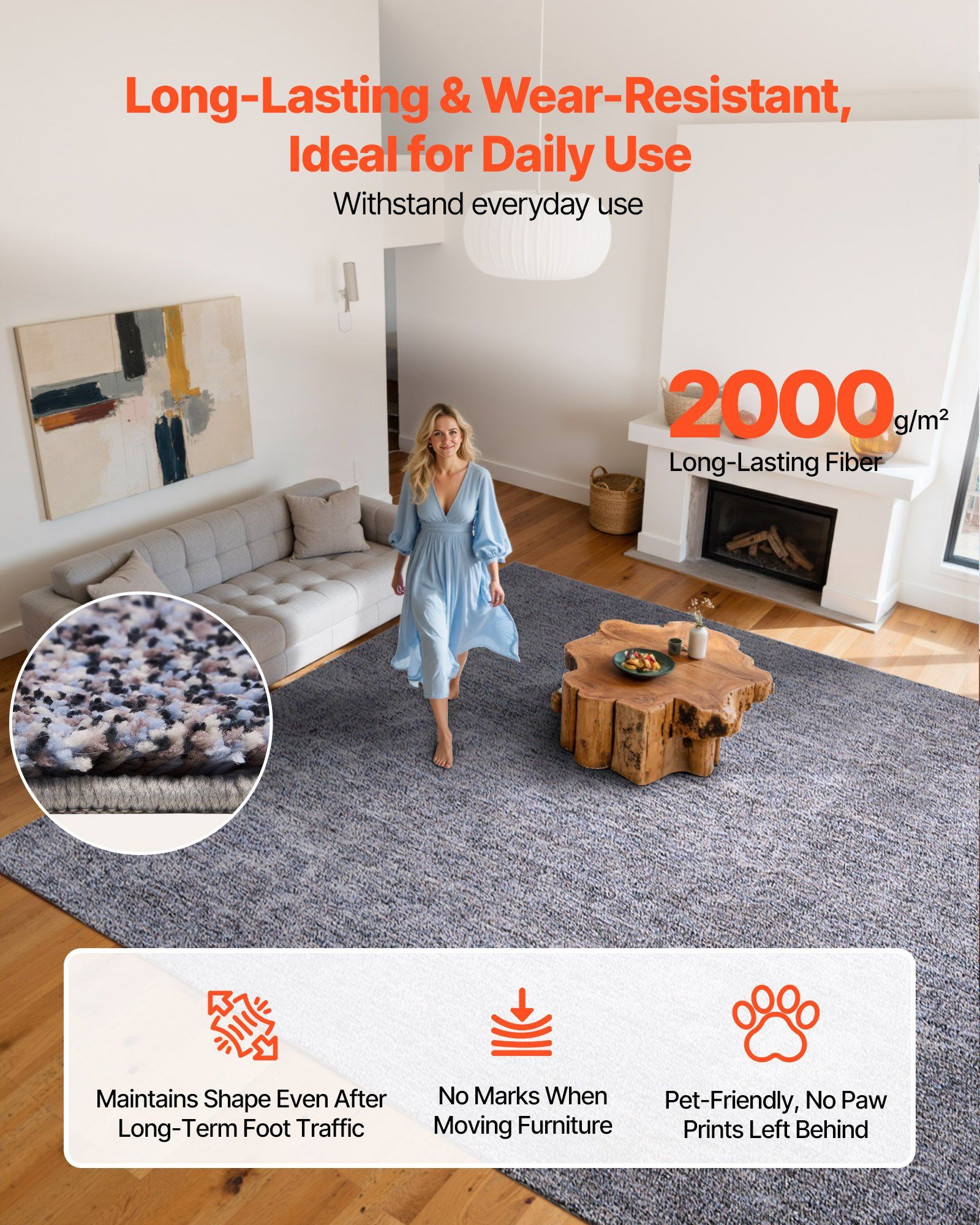 Indoor Plush Area Rugs, 2.74 x 3.66 m Plush Carpet, Area Rugs Furry with Long Plushs Pile, Thick & Durable High-Pile Rug for High-Traffic Areas, Non-Shedding & Non-Slip Backing, Blue-Gray - Image 3