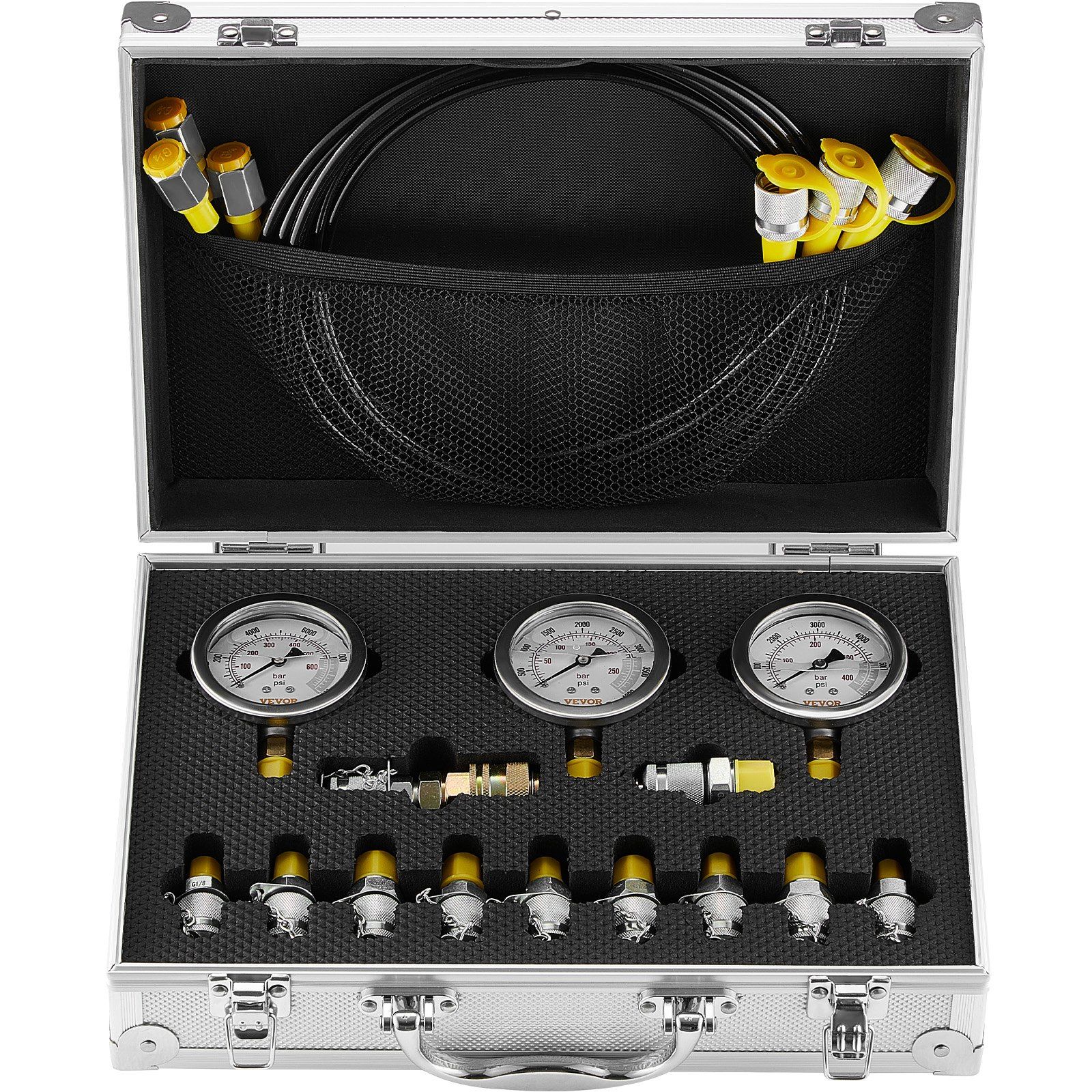 Hydraulic Pressure Test Kit, 250/400/600bar, 3 Gauges 11 Test Couplings 3 Test Hoses, Excavator Hydraulic Test Gauge Set with Portable Carrying Case for Excavator Tractors Construction Machinery - Image 1