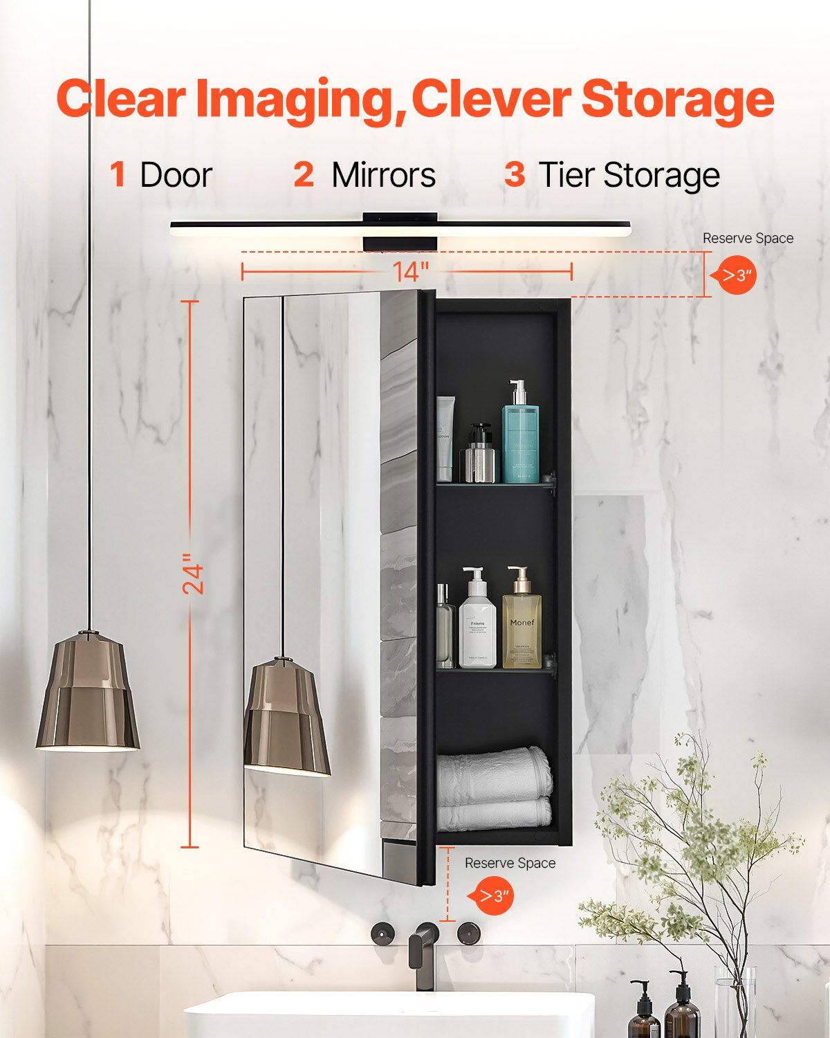 Medicine Cabinet, 14 x 24 inches, Medicine Cabinet for Bathroom with Mirror,  Aluminum Frame Bathroom Wall Cabinet, 2-layer Adjustable Shelves, Recessed & Wall-mounted Installation - Image 2