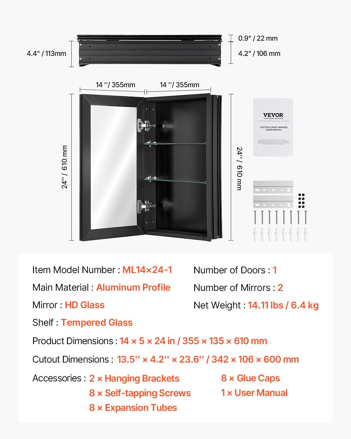 Medicine Cabinet, 14 x 24 inches, Medicine Cabinet for Bathroom with Mirror,  Aluminum Frame Bathroom Wall Cabinet, 2-layer Adjustable Shelves, Recessed & Wall-mounted Installation - Image 7