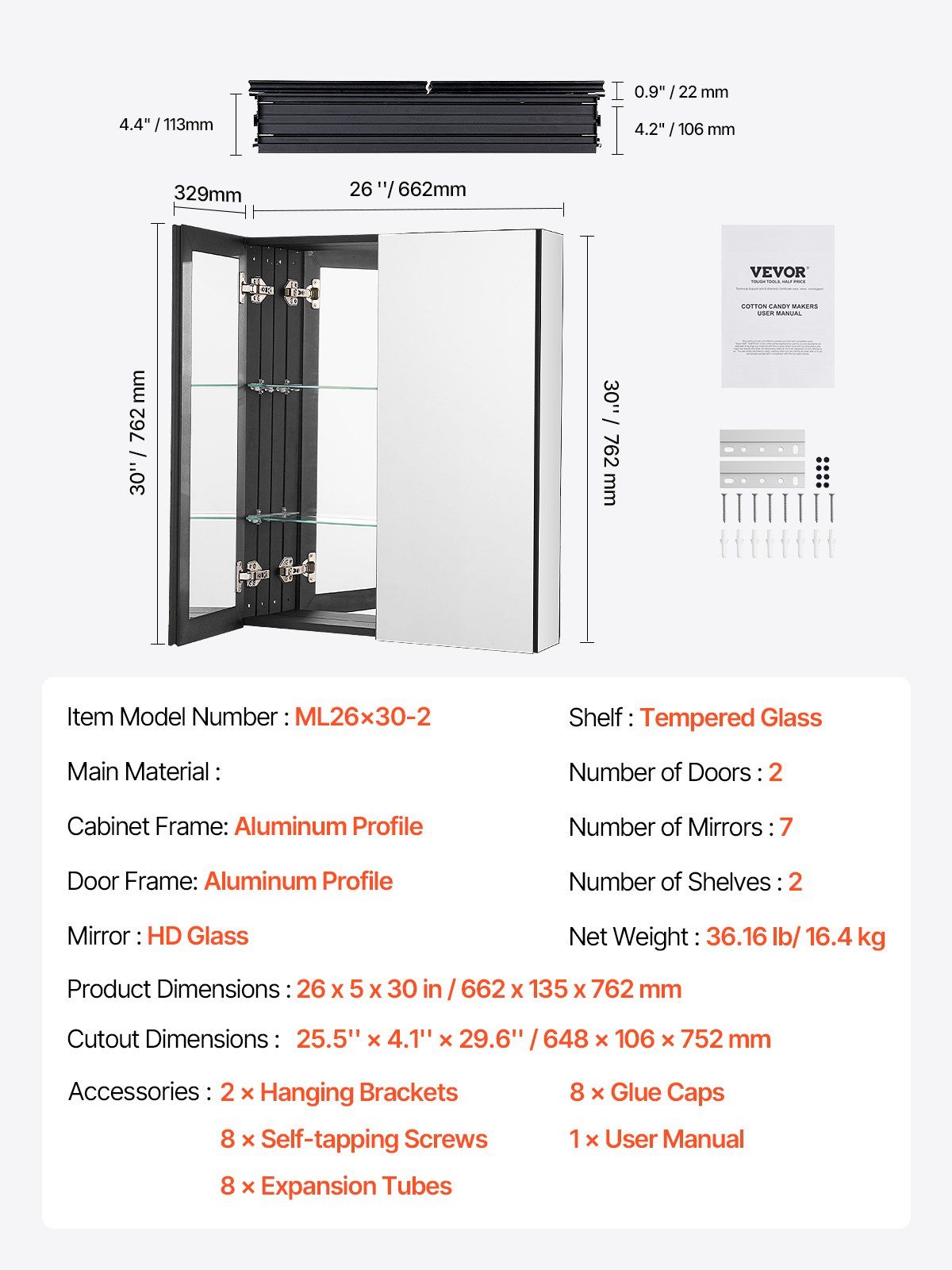 Medicine Cabinet, 26 x 30 inch, Medicine Cabinet for Bathroom with Mirror,  Aluminum Frame Bathroom Wall Cabinet, 2-layer Adjustable Shelves, Recessed & Wall-mounted Installation - Image 7