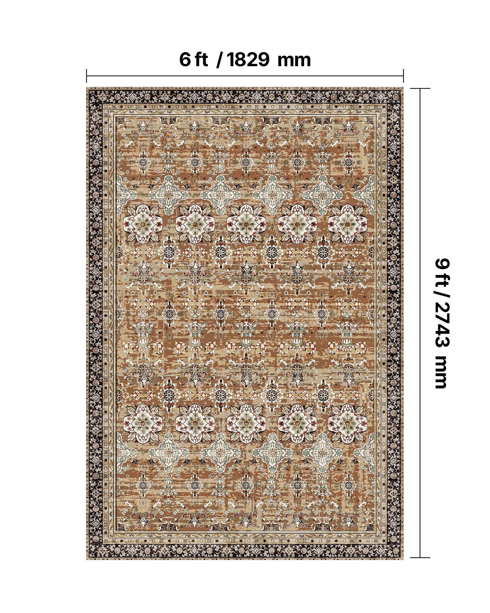 Area Rug, 1828.8x2743.2mm Large Washable Rug, Non-Slip Tear-Resistant Soft Carpet, Pet & Child Friendly Vintage Area Rugs, Indoor Mat for Bedroom, Living Room, Kids Room, Entryway, Brown Green - Image 3