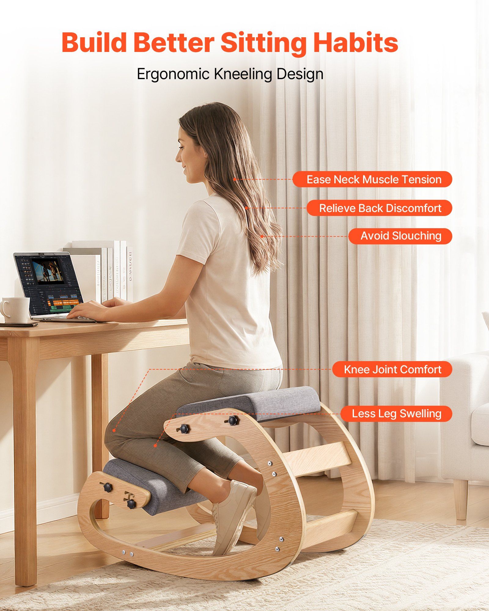 Ergonomic Kneeling Chair, Wooden Posture Knee Chair with Adjustable Thick Foam Cushions & Solid Wood Frame, Adjustable Height, Relief for Neck or Back Pain for Home, Office or Meditation, Gray - Image 2