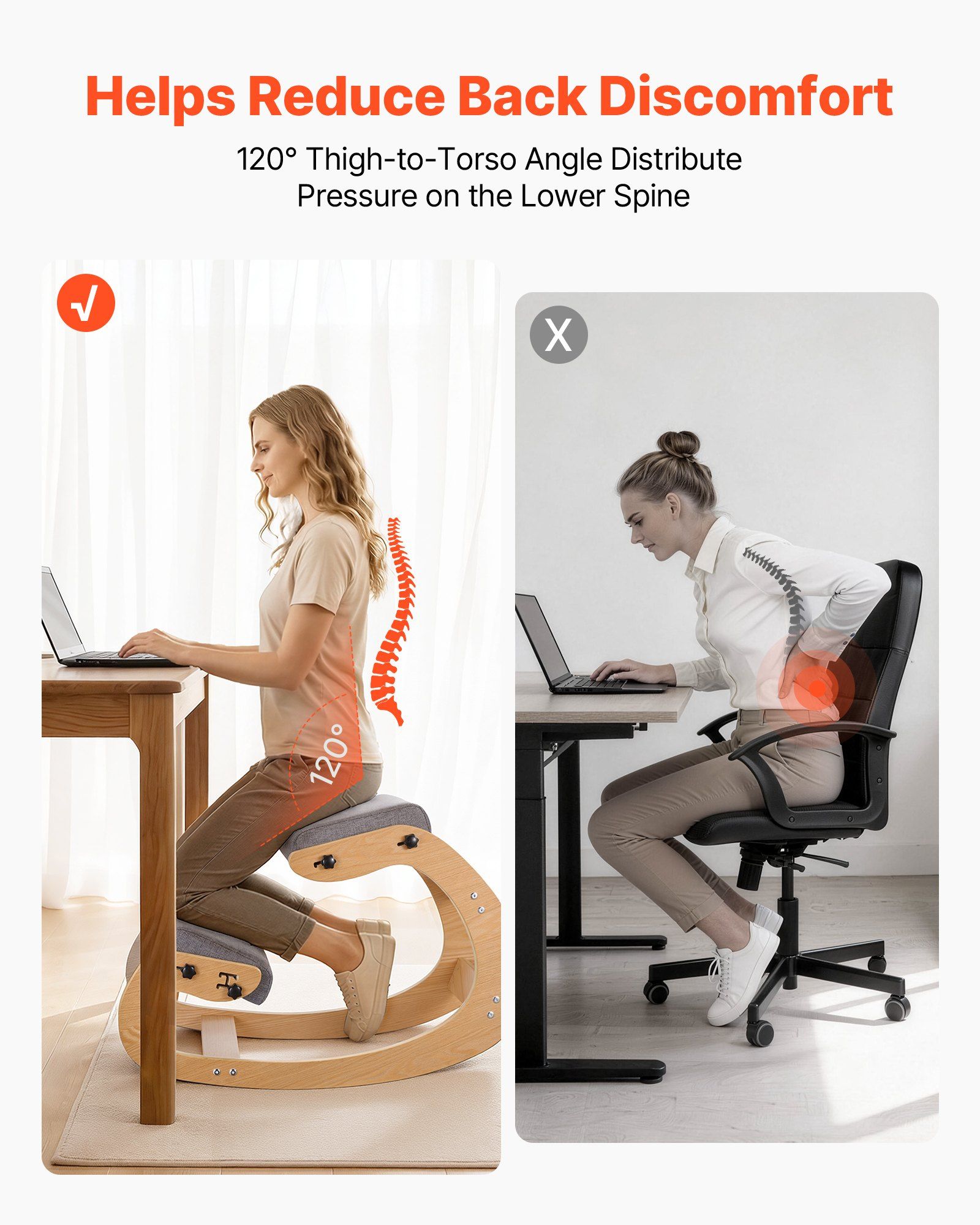 Ergonomic Kneeling Chair, Wooden Posture Knee Chair with Adjustable Thick Foam Cushions & Solid Wood Frame, Adjustable Height, Relief for Neck or Back Pain for Home, Office or Meditation, Gray - Image 3