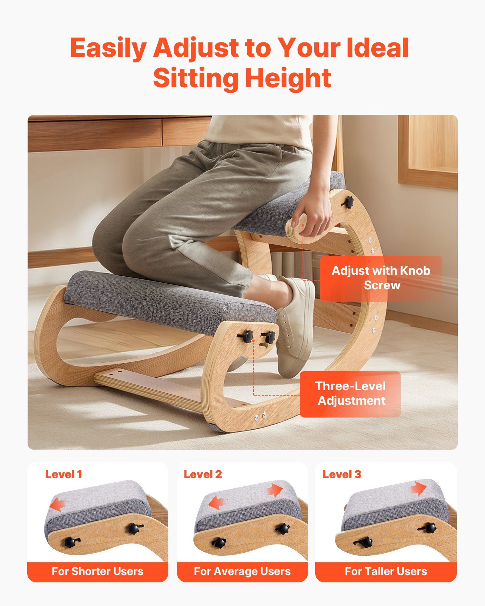 Ergonomic Kneeling Chair, Wooden Posture Knee Chair with Adjustable Thick Foam Cushions & Solid Wood Frame, Adjustable Height, Relief for Neck or Back Pain for Home, Office or Meditation, Gray - Image 4