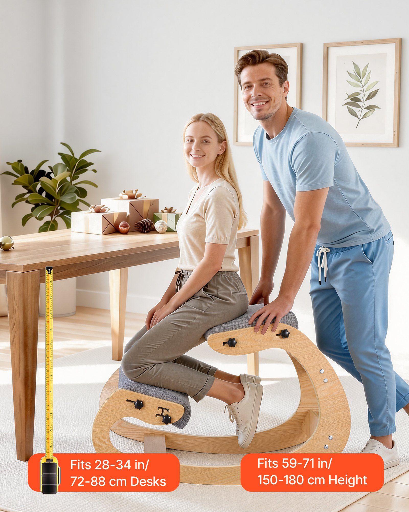 Ergonomic Kneeling Chair, Wooden Posture Knee Chair with Adjustable Thick Foam Cushions & Solid Wood Frame, Adjustable Height, Relief for Neck or Back Pain for Home, Office or Meditation, Gray - Image 8